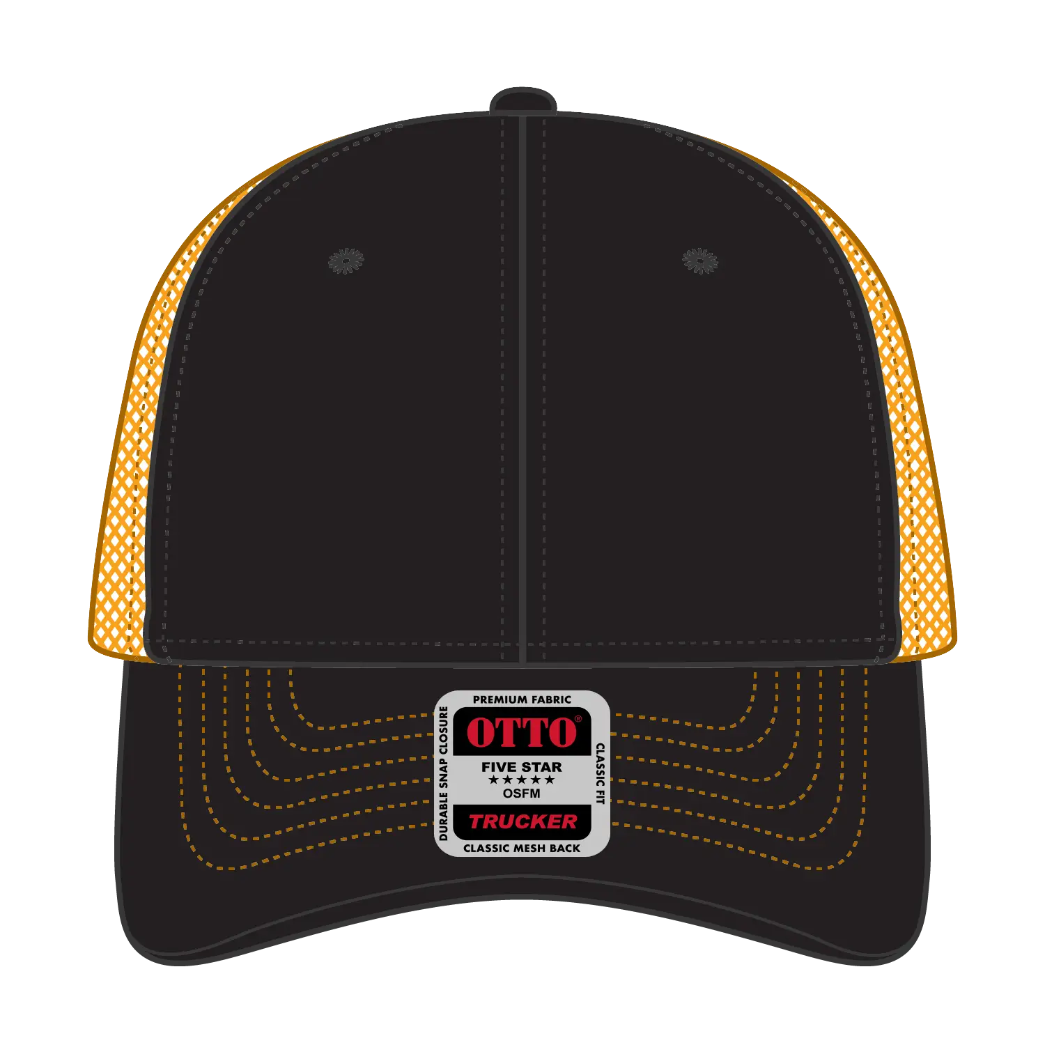 OTTO 83-1239 6 Panel Low Profile Mesh Back Trucker Cap - Blk/Blk/Gld - Blk/Blk/Gld / 6 1/2’’ - 7 5/8’’
