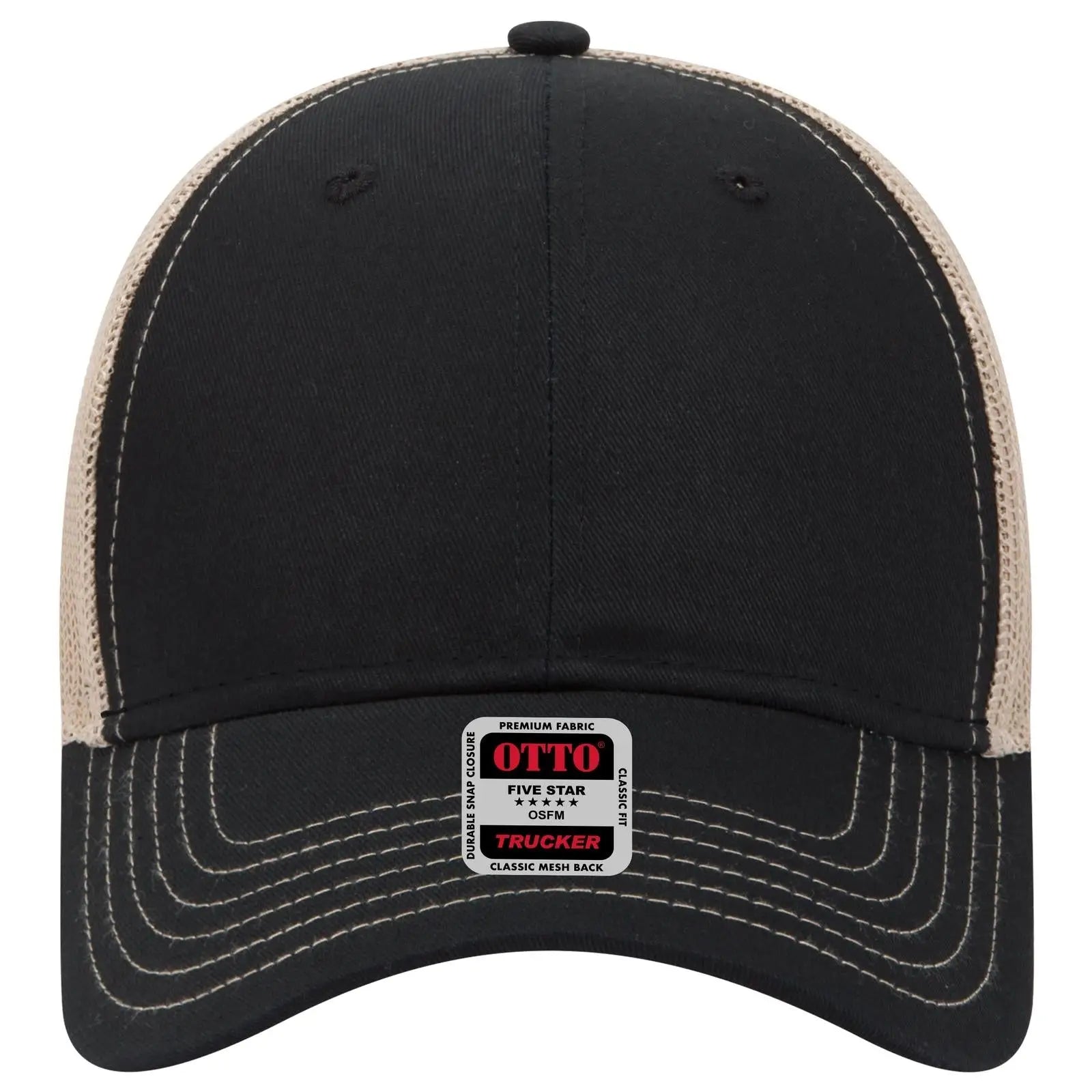 OTTO 83-1239 6 Panel Low Profile Mesh Back Trucker Cap - Blk/Blk/Kha - Blk/Blk/Kha / 6 1/2’’ - 7 5/8’’