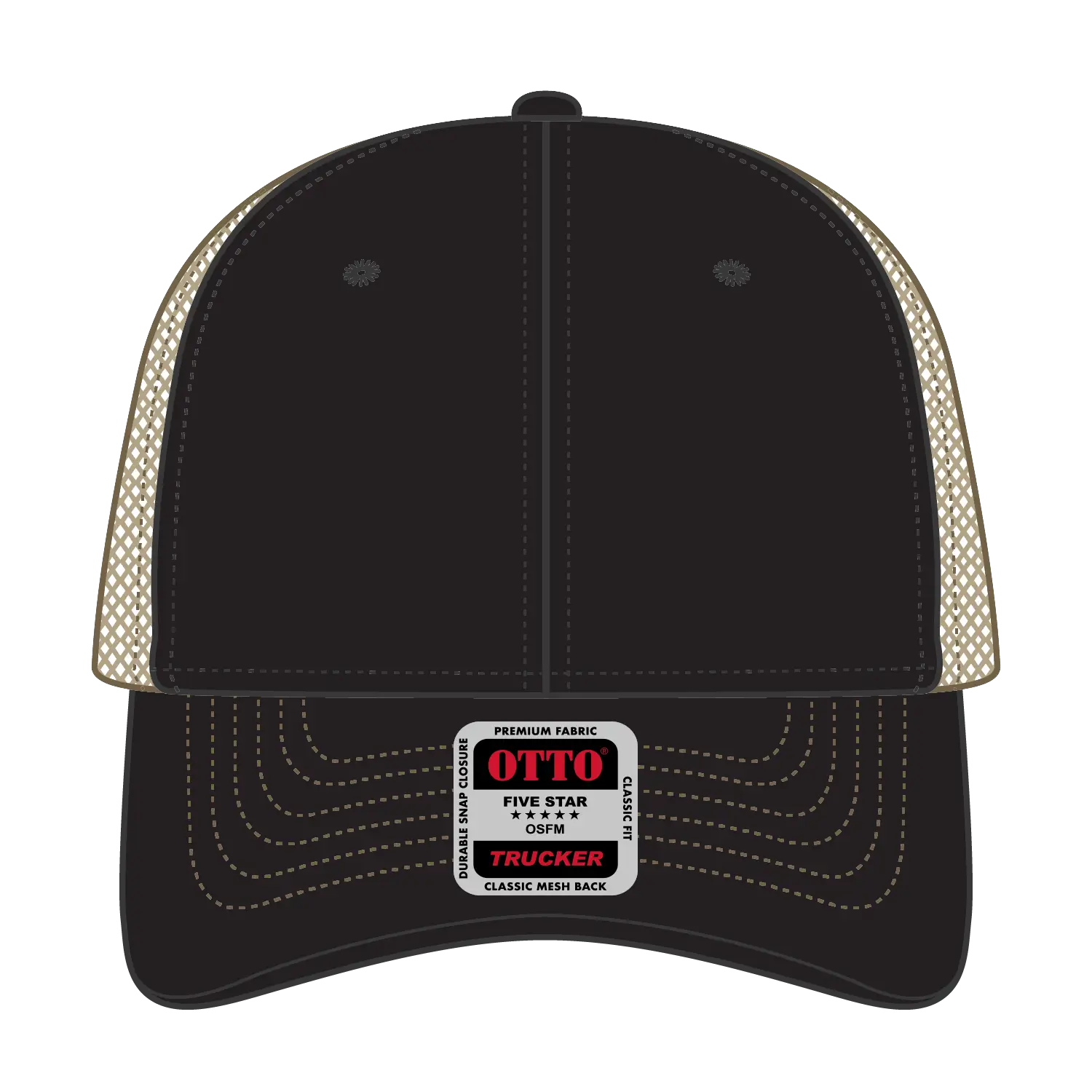 OTTO 83-1239 6 Panel Low Profile Mesh Back Trucker Cap - Blk/Blk/Kha - Blk/Blk/Kha / 6 1/2’’ - 7 5/8’’