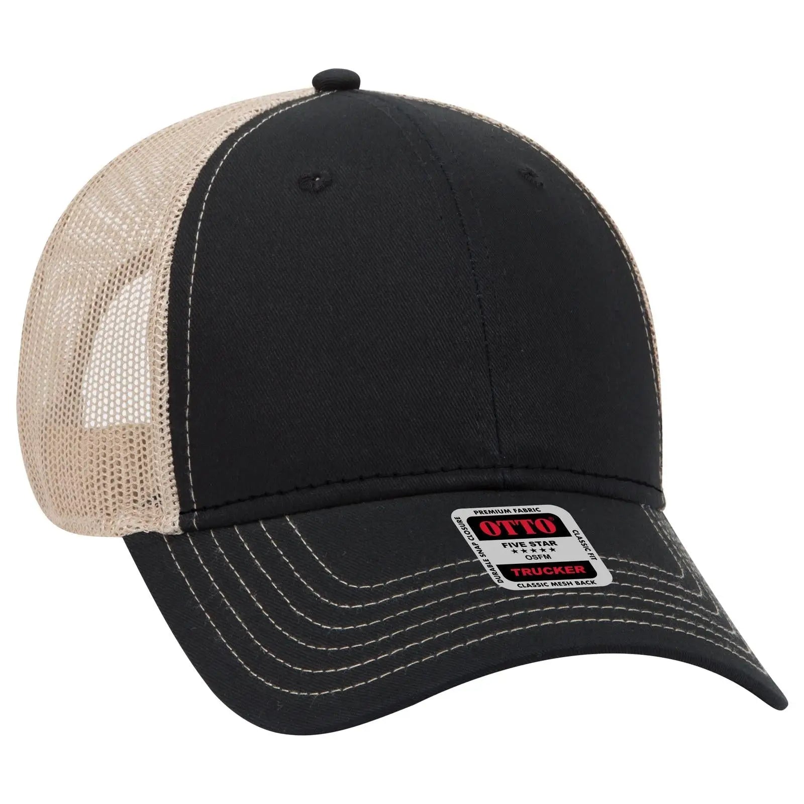 OTTO 83-1239 6 Panel Low Profile Mesh Back Trucker Cap - Blk/Blk/Kha - Blk/Blk/Kha / 6 1/2’’ - 7 5/8’’
