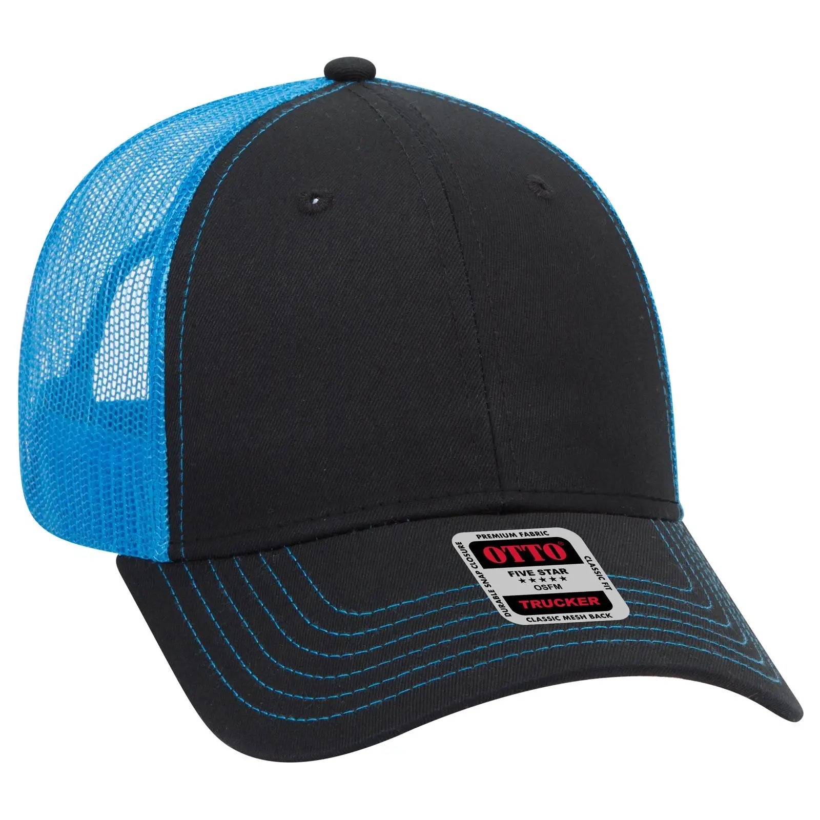 OTTO 83-1239 6 Panel Low Profile Mesh Back Trucker Cap - Blk/Blk/N.Blue - Blk/Blk/N.Blue / 6 1/2’’ - 7 5/8’’