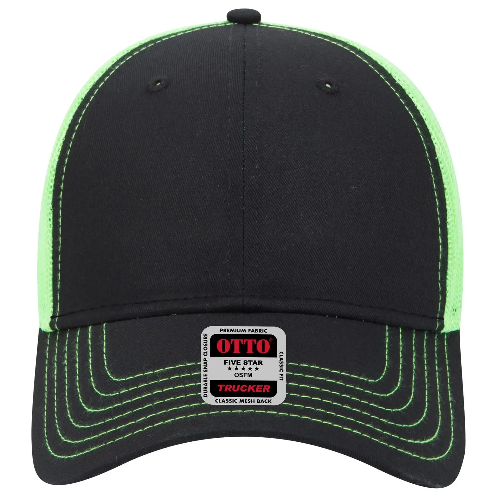 OTTO 83-1239 6 Panel Low Profile Mesh Back Trucker Cap - Blk/Blk/N.Grn - Blk/Blk/N.Grn / 6 1/2’’ - 7 5/8’’