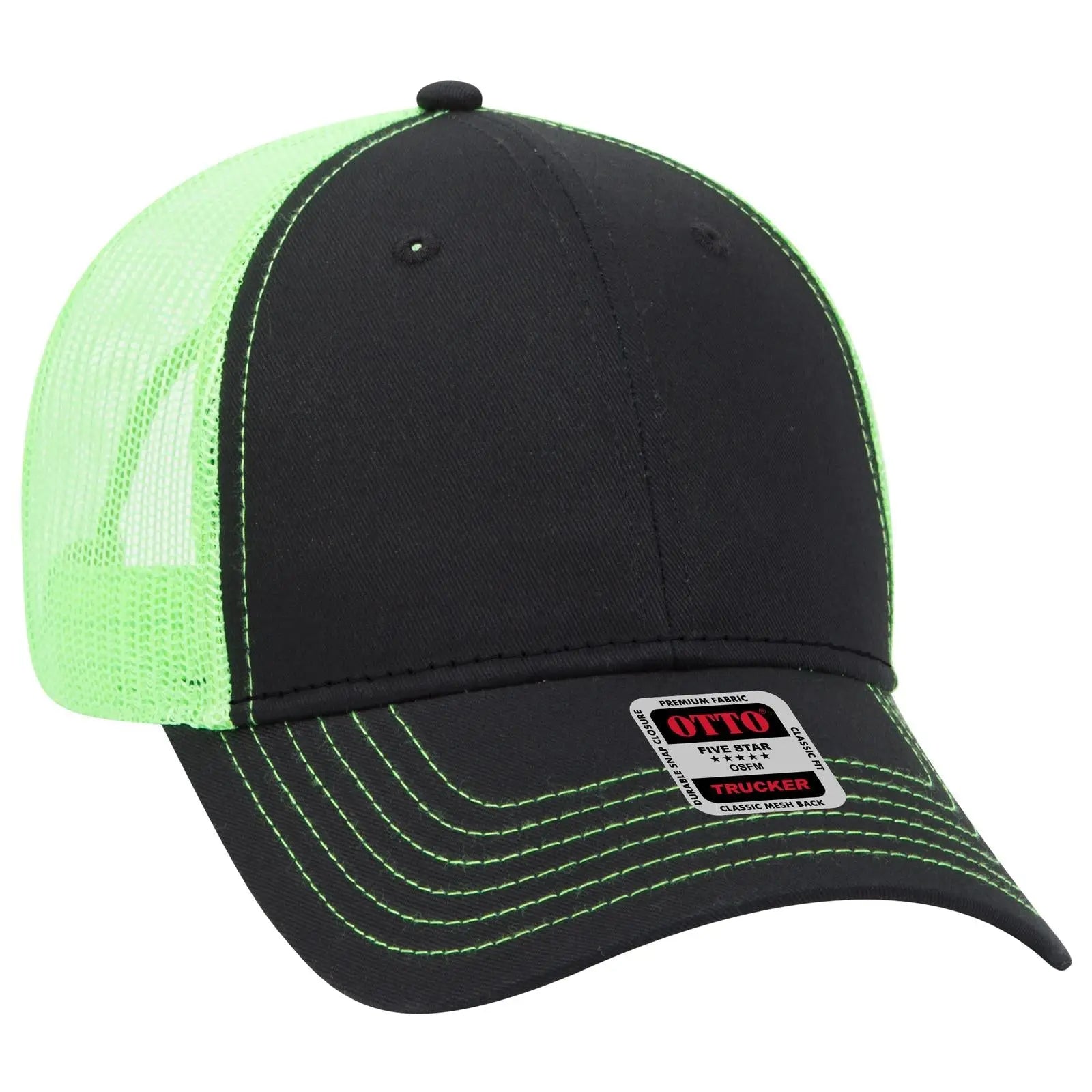 OTTO 83-1239 6 Panel Low Profile Mesh Back Trucker Cap - Blk/Blk/N.Grn - Blk/Blk/N.Grn / 6 1/2’’ - 7 5/8’’