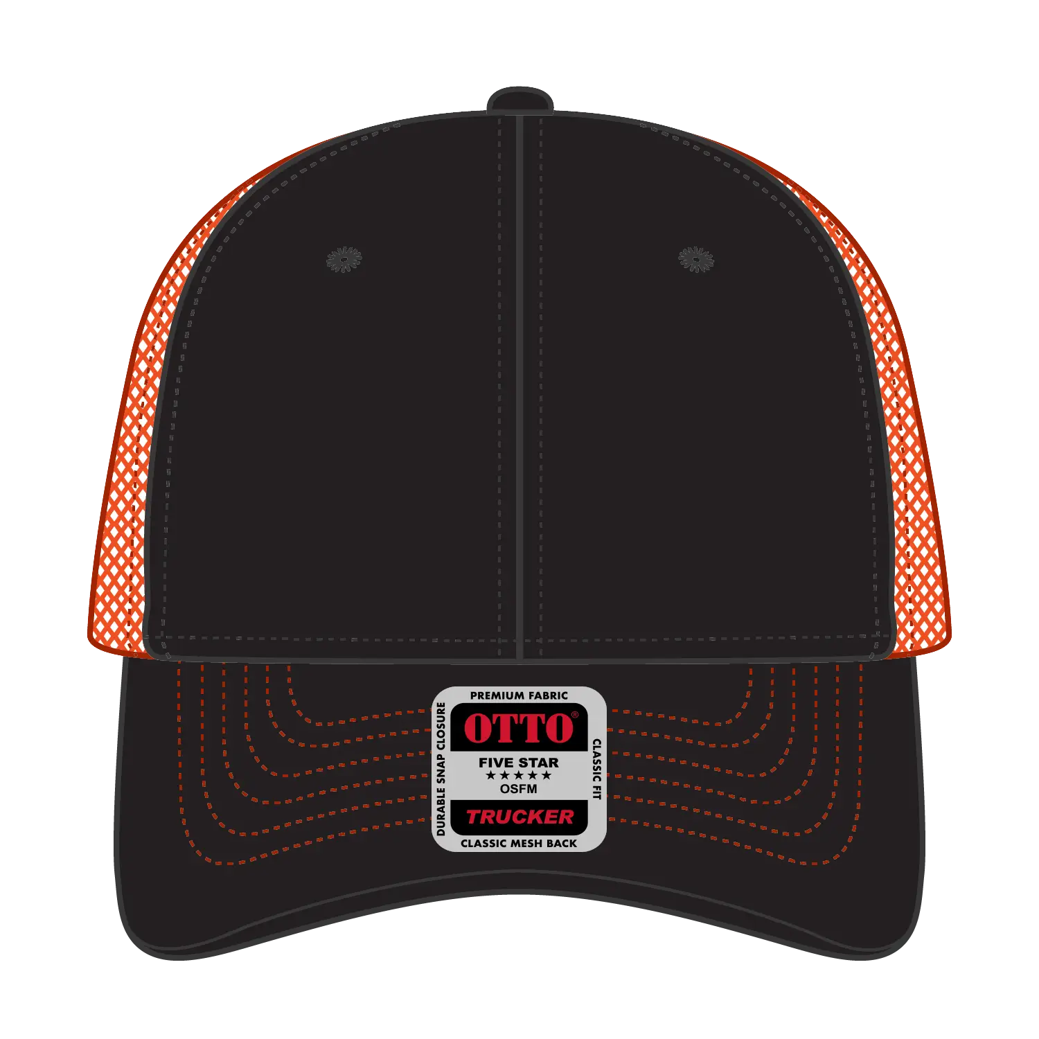 OTTO 83-1239 6 Panel Low Profile Mesh Back Trucker Cap - Blk/Blk/N Org - Blk/Blk/N Org / 6 1/2’’ - 7 5/8’’
