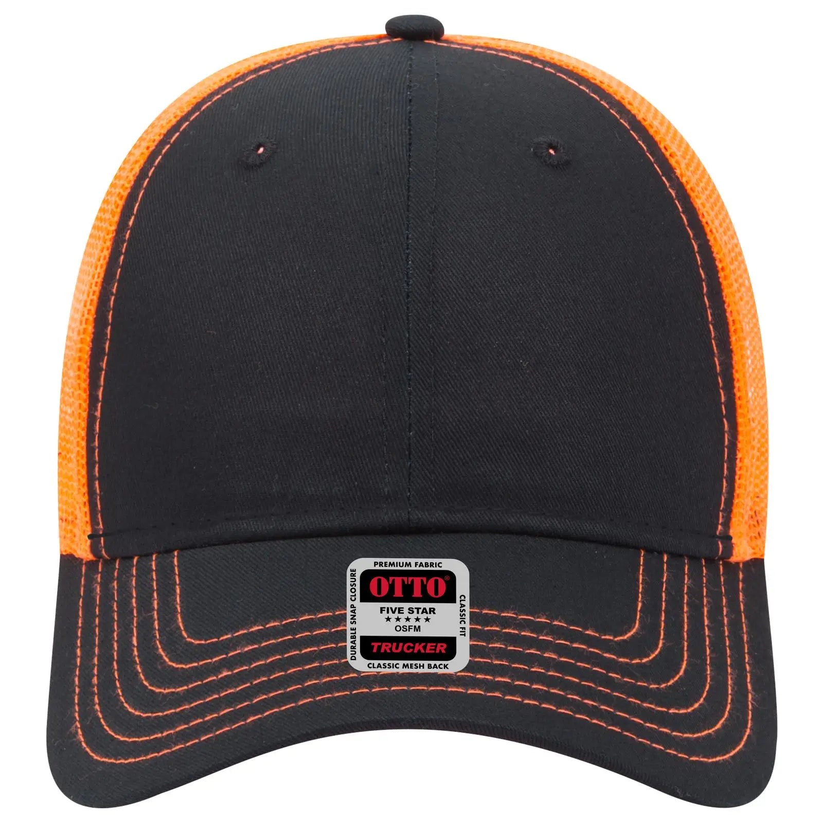 OTTO 83-1239 6 Panel Low Profile Mesh Back Trucker Cap - Blk/Blk/N Org - Blk/Blk/N Org / 6 1/2’’ - 7 5/8’’