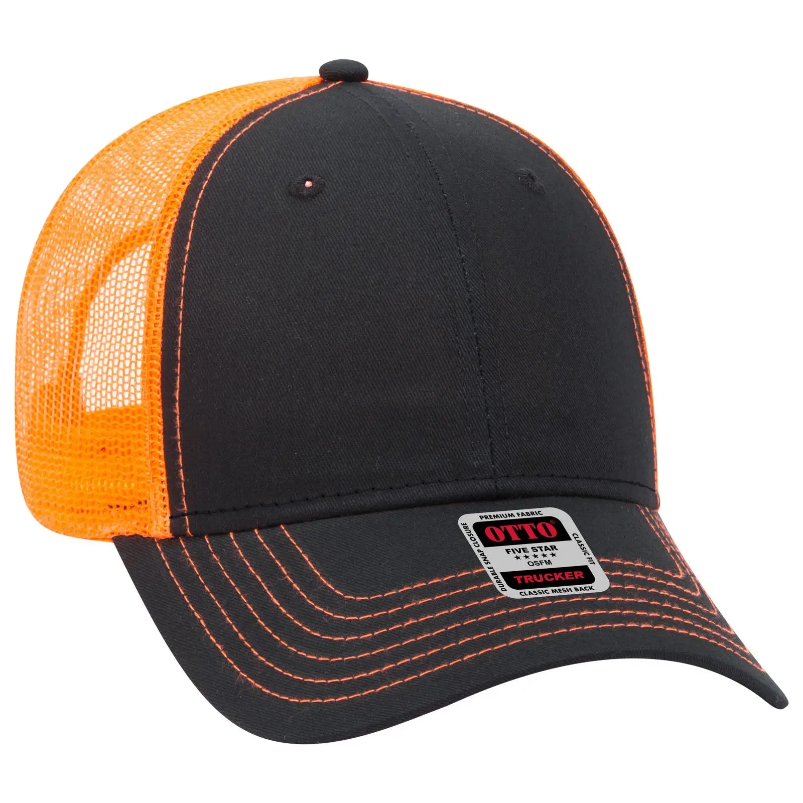 OTTO 83-1239 6 Panel Low Profile Mesh Back Trucker Cap - Blk/Blk/N Org - Blk/Blk/N Org / 6 1/2’’ - 7 5/8’’