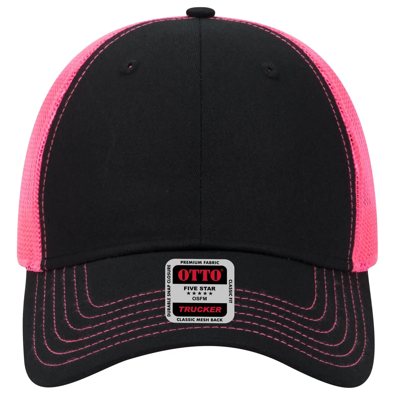 OTTO 83-1239 6 Panel Low Profile Mesh Back Trucker Cap - Blk/Blk/N.Pnk - Blk/Blk/N.Pnk / 6 1/2’’ - 7 5/8’’