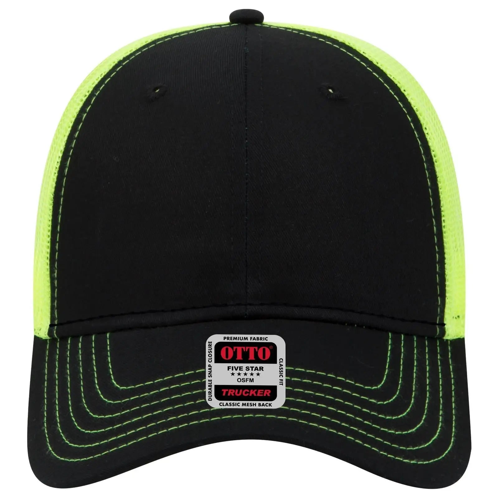 OTTO 83-1239 6 Panel Low Profile Mesh Back Trucker Cap - Blk/Blk/N.Ylw - Blk/Blk/N.Ylw / 6 1/2’’ - 7 5/8’’