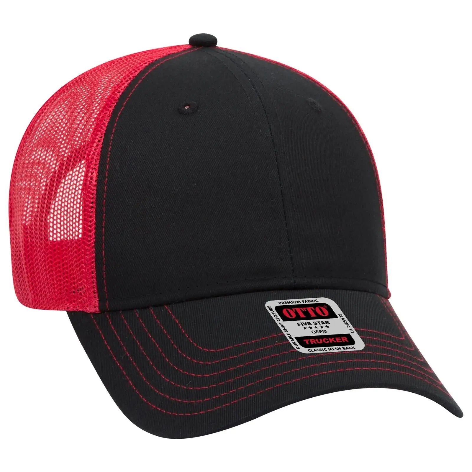OTTO 83-1239 6 Panel Low Profile Mesh Back Trucker Cap - Blk/Blk/Red - Blk/Blk/Red / 6 1/2’’ - 7 5/8’’