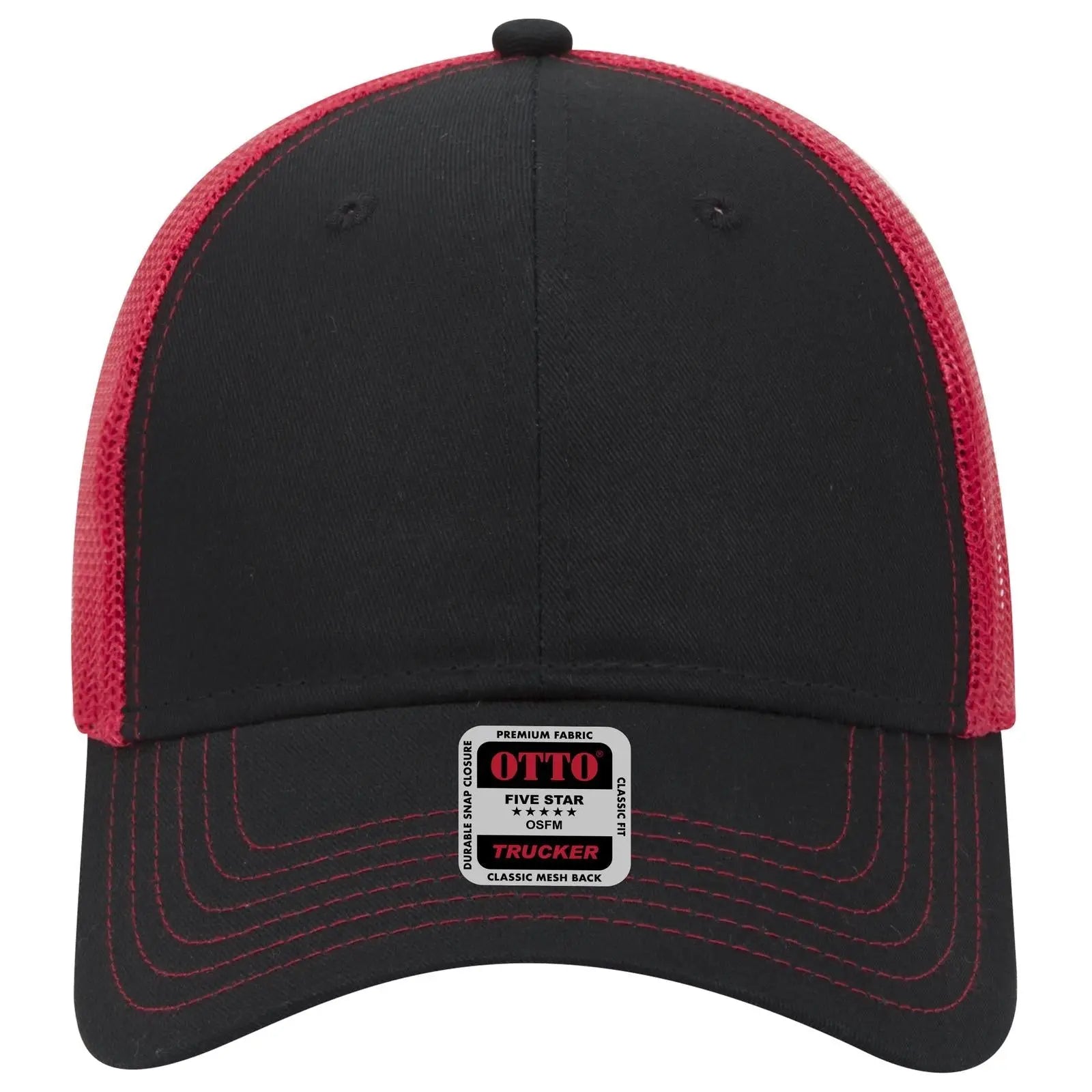 OTTO 83-1239 6 Panel Low Profile Mesh Back Trucker Cap - Blk/Blk/Red - Blk/Blk/Red / 6 1/2’’ - 7 5/8’’
