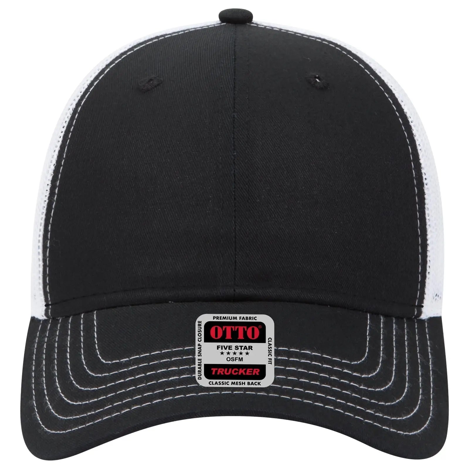 OTTO 83-1239 6 Panel Low Profile Mesh Back Trucker Cap - Blk/Blk/Wht - Blk/Blk/Wht / 6 1/2’’ - 7 5/8’’