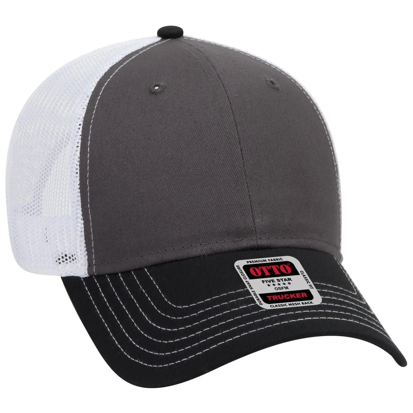 OTTO 83-1239 6 Panel Low Profile Mesh Back Trucker Cap - Blk/Ch.Gry/Wht - Blk/Ch.Gry/Wht / 6 1/2’’ - 7 5/8’’