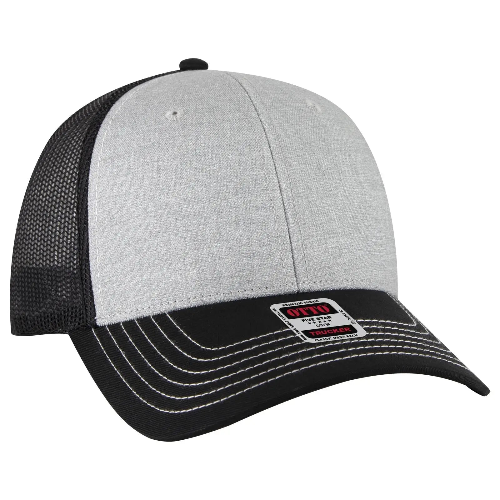 OTTO 83-1239 6 Panel Low Profile Mesh Back Trucker Cap - Blk/Ht Gry/Blk - Blk/Ht Gry/Blk / 6 1/2’’ - 7 5/8’’