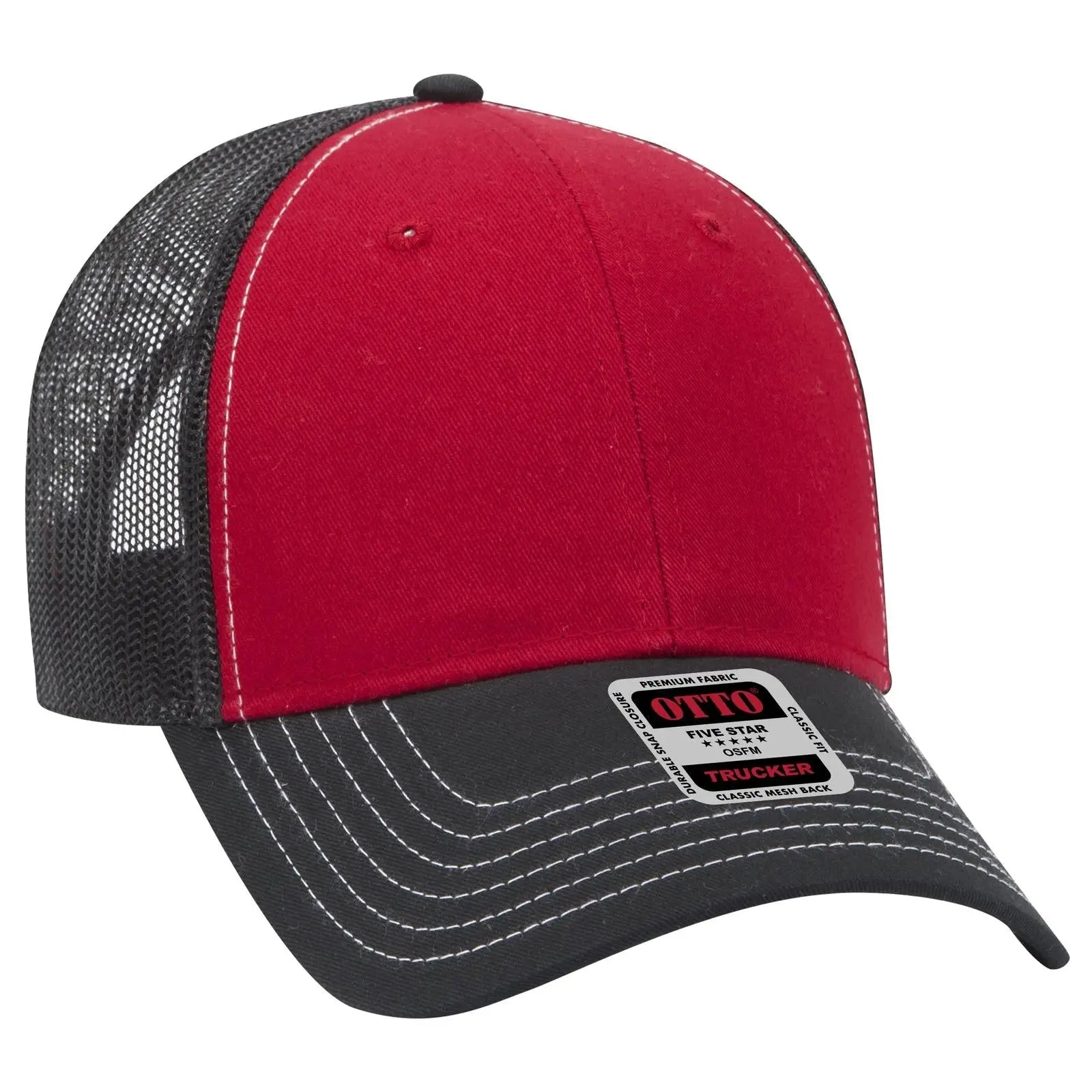 OTTO 83-1239 6 Panel Low Profile Mesh Back Trucker Cap - Blk/Red/Blk - Blk/Red/Blk / 6 1/2’’ - 7 5/8’’