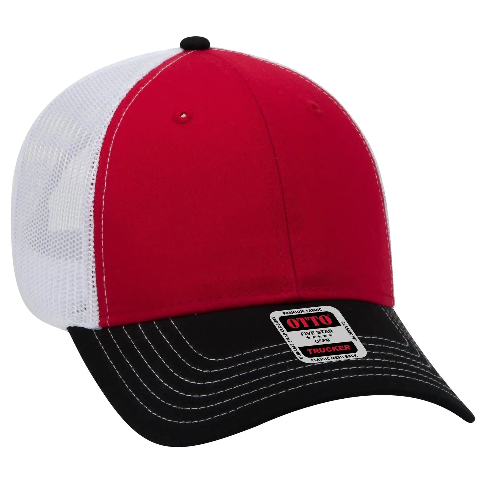 OTTO 83-1239 6 Panel Low Profile Mesh Back Trucker Cap - Blk/Red/Wht - Blk/Red/Wht / 6 1/2’’ - 7 5/8’’