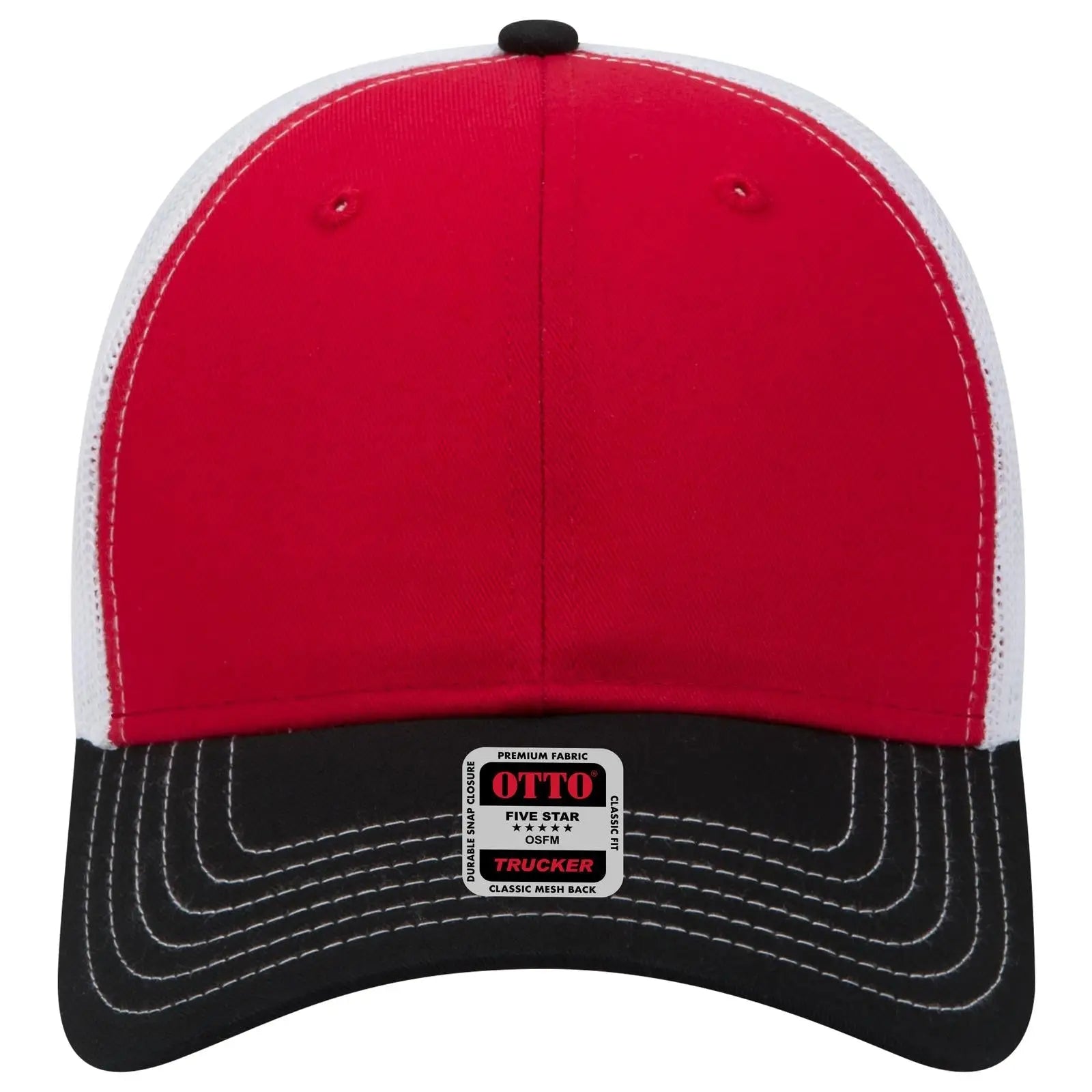 OTTO 83-1239 6 Panel Low Profile Mesh Back Trucker Cap - Blk/Red/Wht - Blk/Red/Wht / 6 1/2’’ - 7 5/8’’