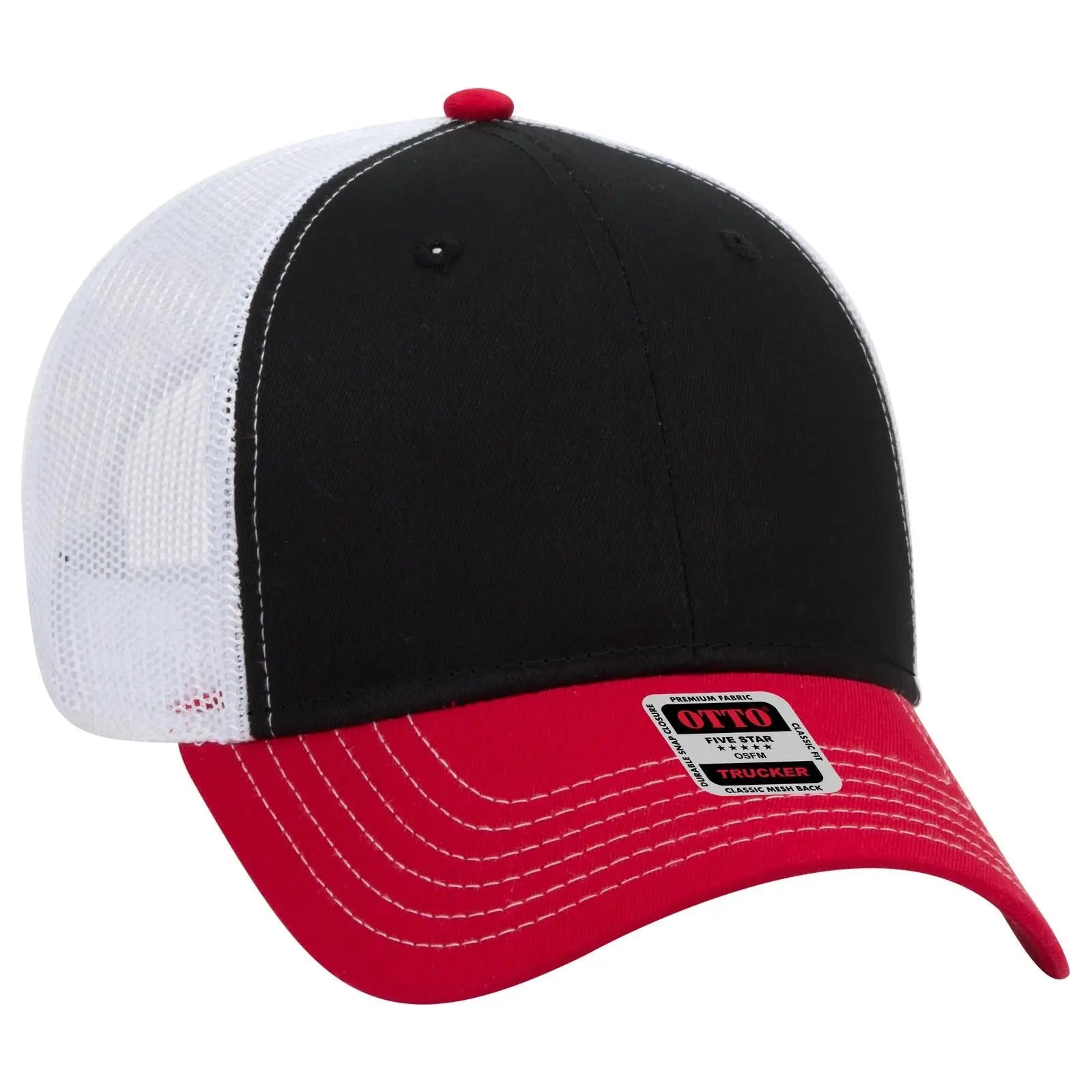 OTTO 83-1239 6 Panel Low Profile Mesh Back Trucker Cap - Red/Blk/Wht - Red/Blk/Wht / 6 1/2’’ - 7 5/8’’