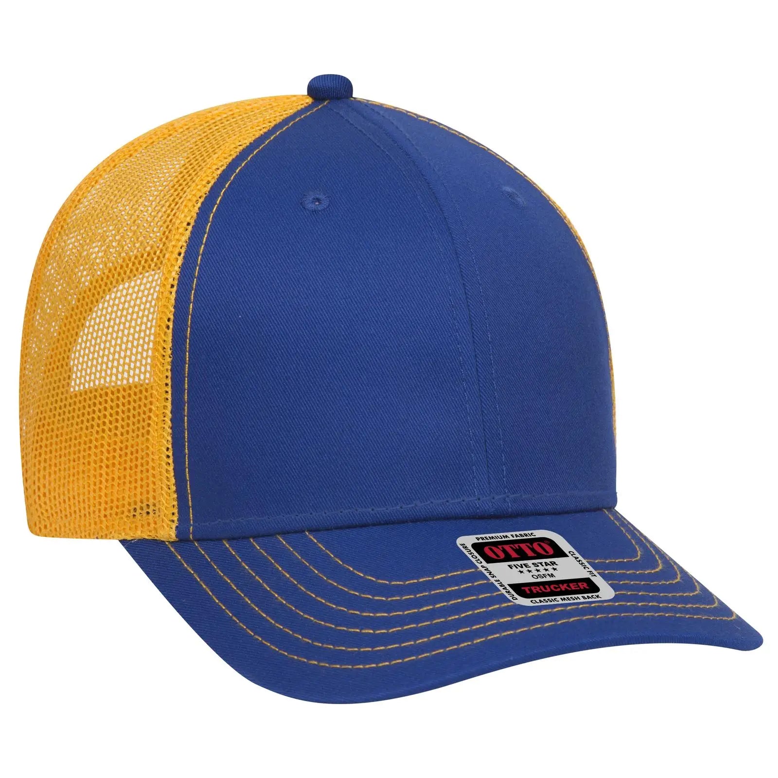 OTTO 83-1239 6 Panel Low Profile Mesh Back Trucker Cap - Ryl/Ryl/Gld - Ryl/Ryl/Gld / 6 1/2’’ - 7 5/8’’