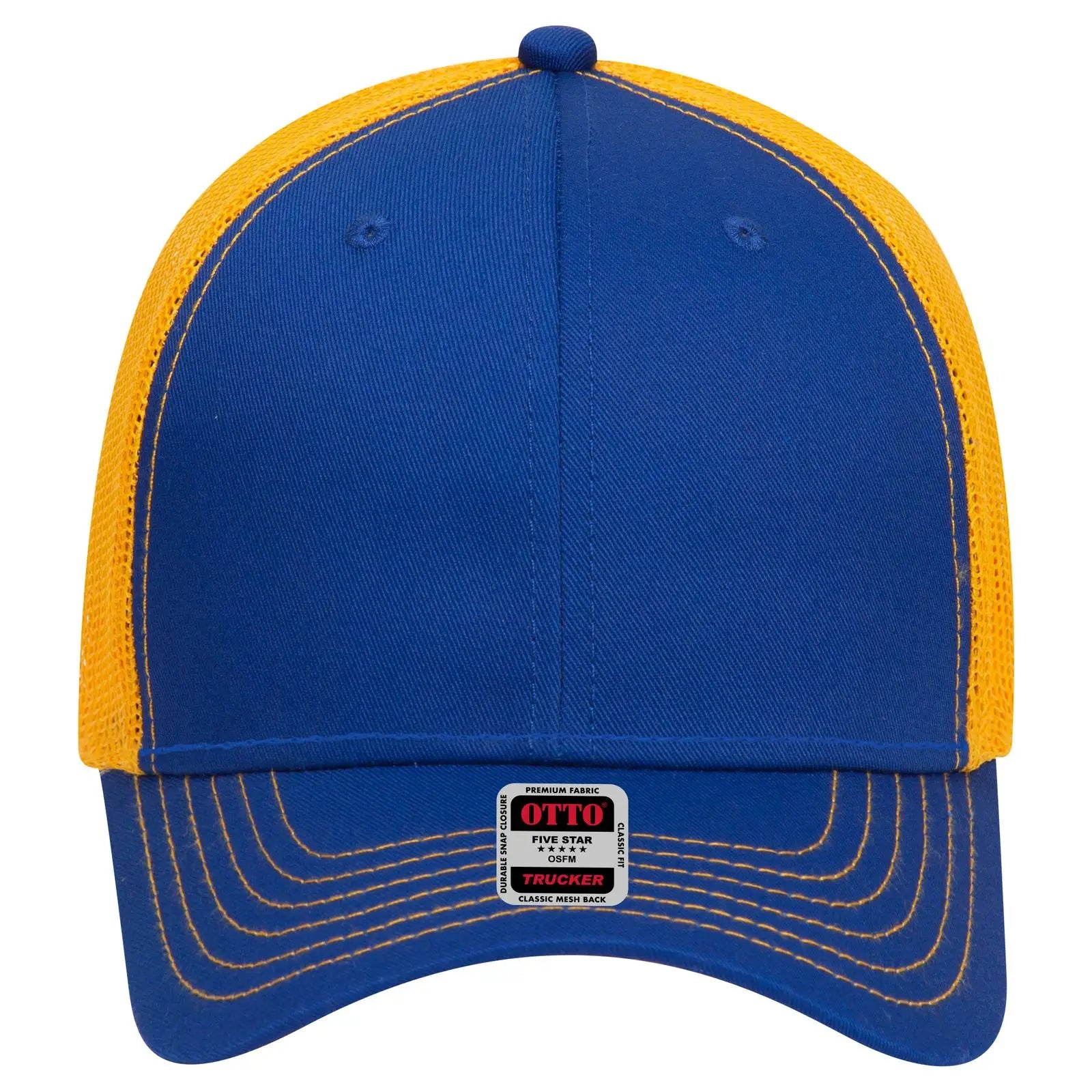 OTTO 83-1239 6 Panel Low Profile Mesh Back Trucker Cap - Ryl/Ryl/Gld - Ryl/Ryl/Gld / 6 1/2’’ - 7 5/8’’