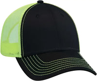 OTTO 83-1239 6 Panel Low Profile Mesh Back Trucker Hat - Black Black Neon Yellow - Black Yellow / One Size Fits Most
