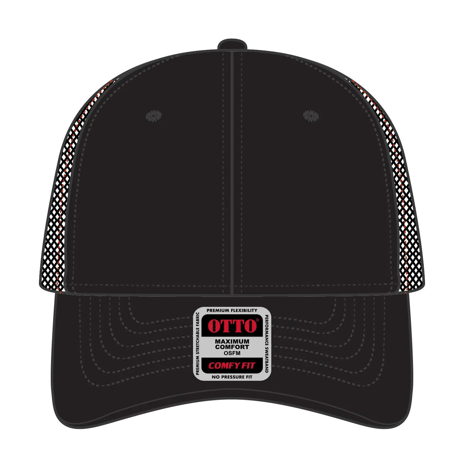 OTTO 83-2 ’OTTO Comfy Fit’ 6 Panel Low Profile Mesh Back Trucker Cap - Blk/Blk/Org - Blk/Blk/Org / 7 3/8’’ - 7 5/8’’
