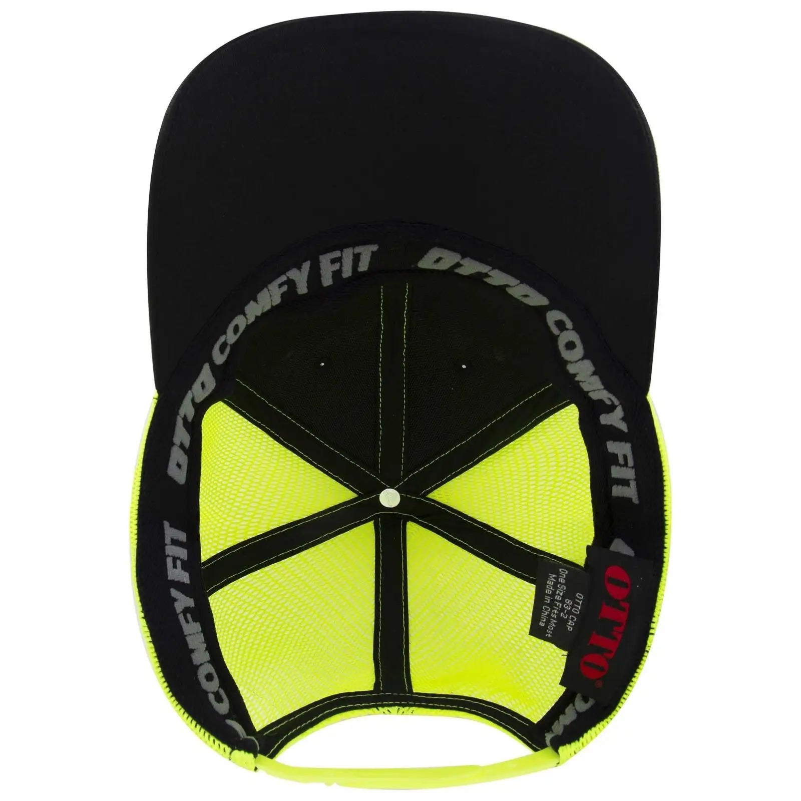 OTTO 83-2 ’OTTO Comfy Fit’ 6 Panel Low Profile Mesh Back Trucker Cap - Blk/Blk/N.Ylw - Blk/Blk/N.Ylw / 7 3/8’’ - 7 5/8’’
