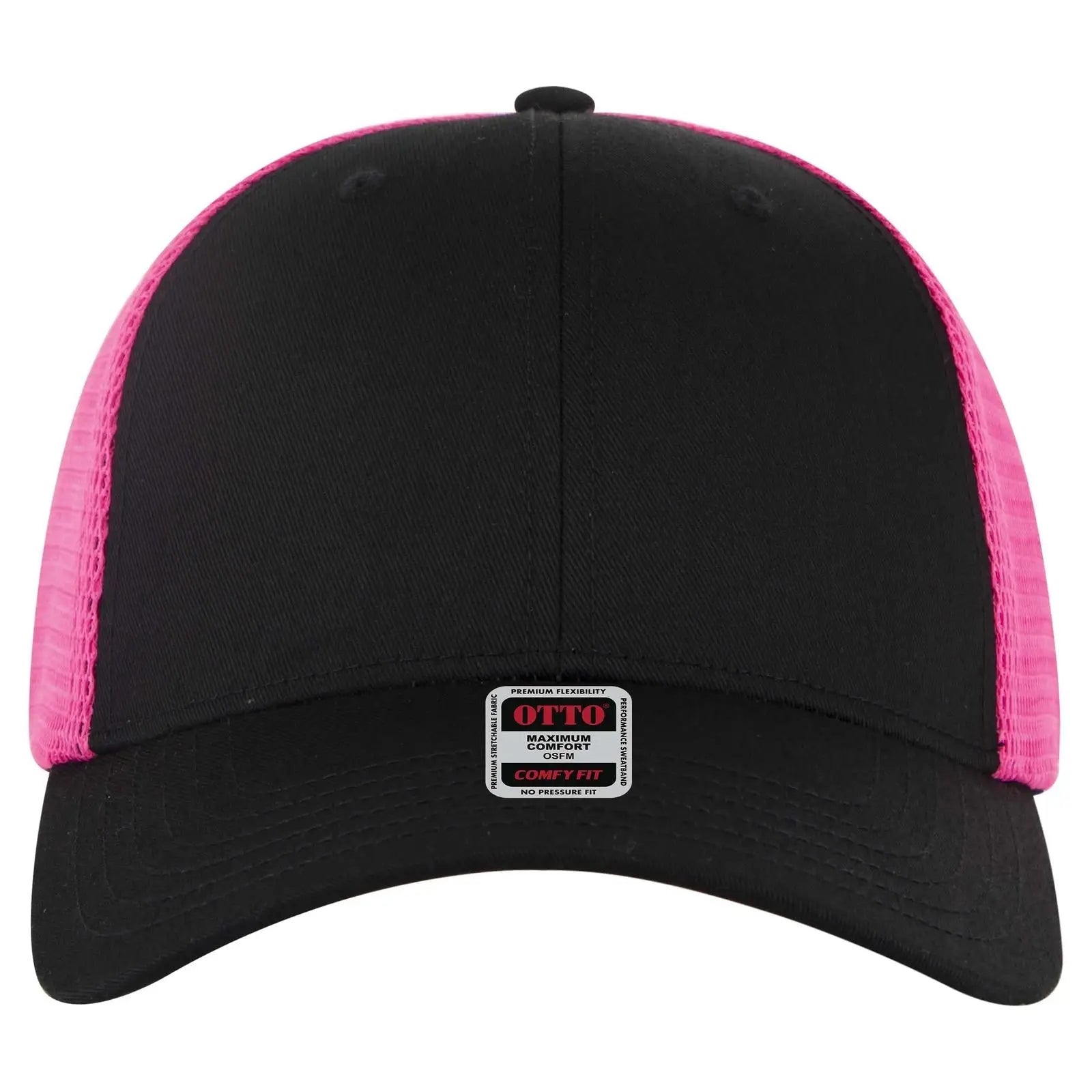 OTTO 83-2 ’OTTO Comfy Fit’ 6 Panel Low Profile Mesh Back Trucker Cap - Blk/Blk/N.Pnk - Blk/Blk/N.Pnk / 7 3/8’’ - 7 5/8’’