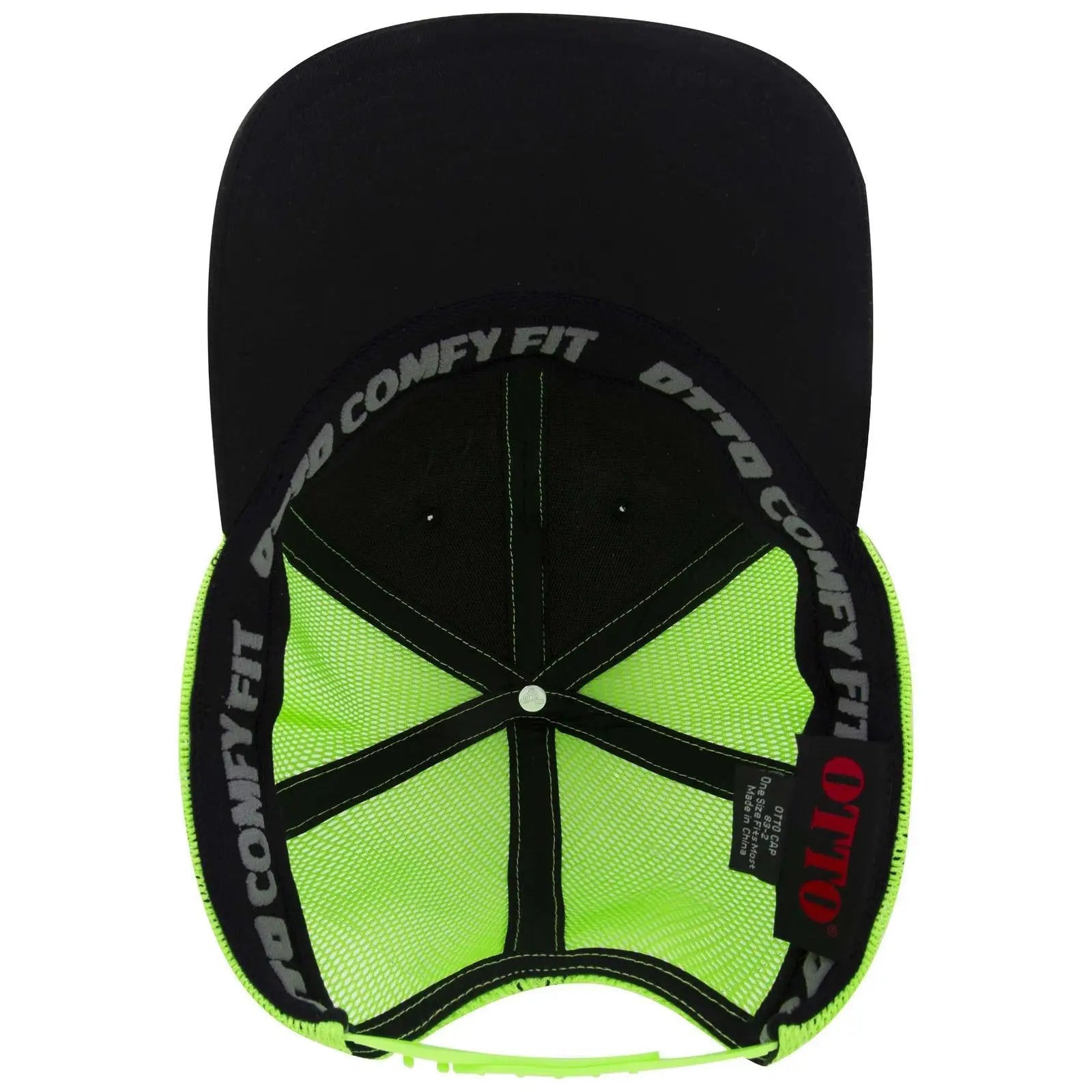 OTTO 83-2 ’OTTO Comfy Fit’ 6 Panel Low Profile Mesh Back Trucker Cap - Blk/Blk/N.Grn - Blk/Blk/N.Grn / 7 3/8’’ - 7 5/8’’
