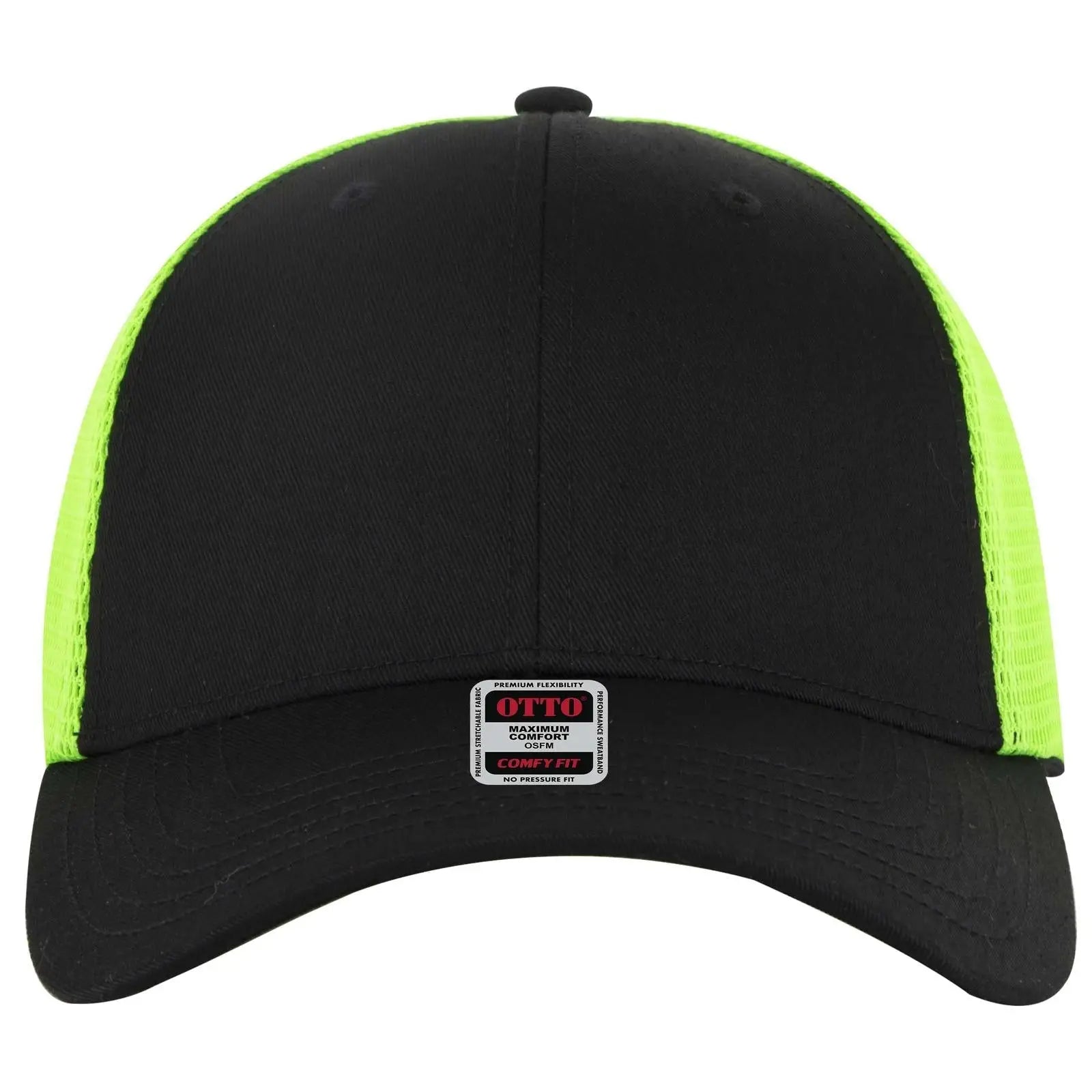 OTTO 83-2 ’OTTO Comfy Fit’ 6 Panel Low Profile Mesh Back Trucker Cap - Blk/Blk/N.Grn - Blk/Blk/N.Grn / 7 3/8’’ - 7 5/8’’