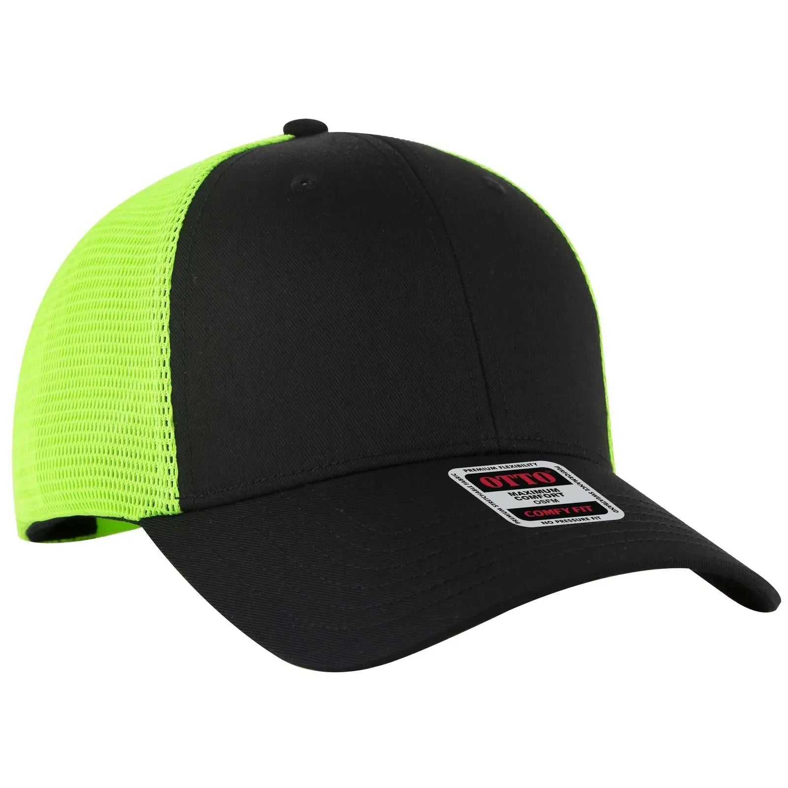 OTTO 83-2 ’OTTO Comfy Fit’ 6 Panel Low Profile Mesh Back Trucker Cap - Blk/Blk/N.Grn - Blk/Blk/N.Grn / 7 3/8’’ - 7 5/8’’