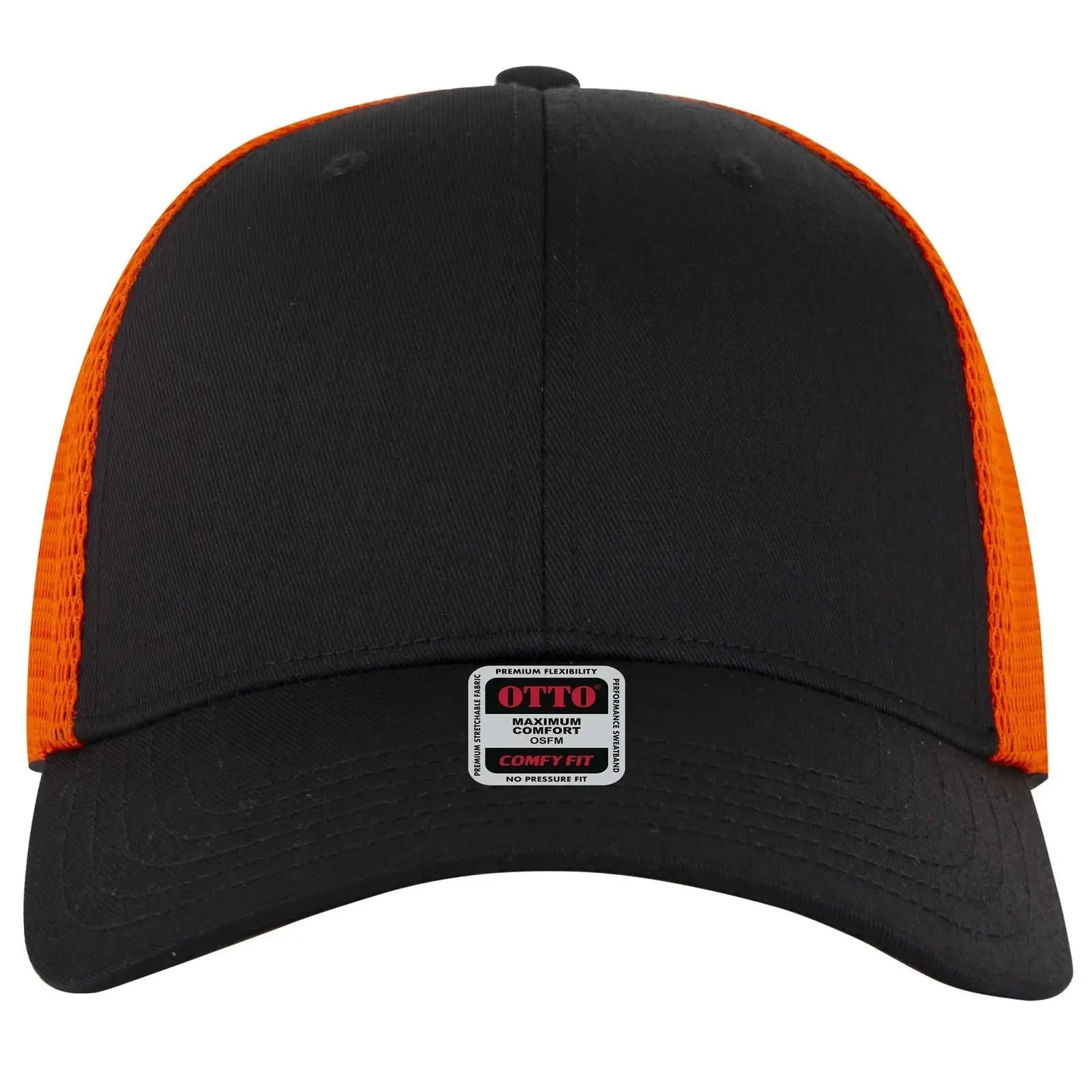 OTTO 83-2 ’OTTO Comfy Fit’ 6 Panel Low Profile Mesh Back Trucker Cap - Blk/Blk/Org - Blk/Blk/Org / 7 3/8’’ - 7 5/8’’
