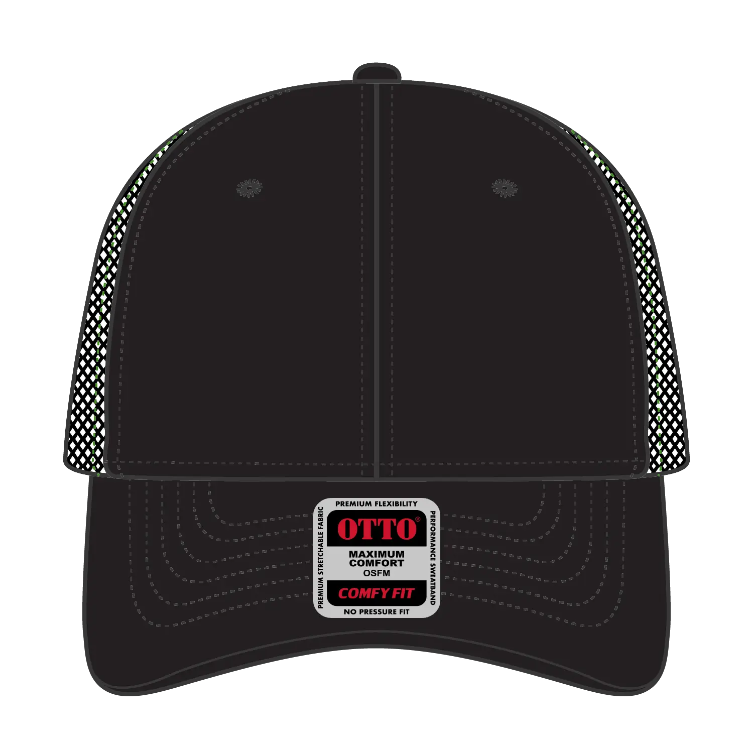 OTTO 83-2 ’OTTO Comfy Fit’ 6 Panel Low Profile Mesh Back Trucker Cap - Blk/Blk/N.Grn - Blk/Blk/N.Grn / 7 3/8’’ - 7 5/8’’