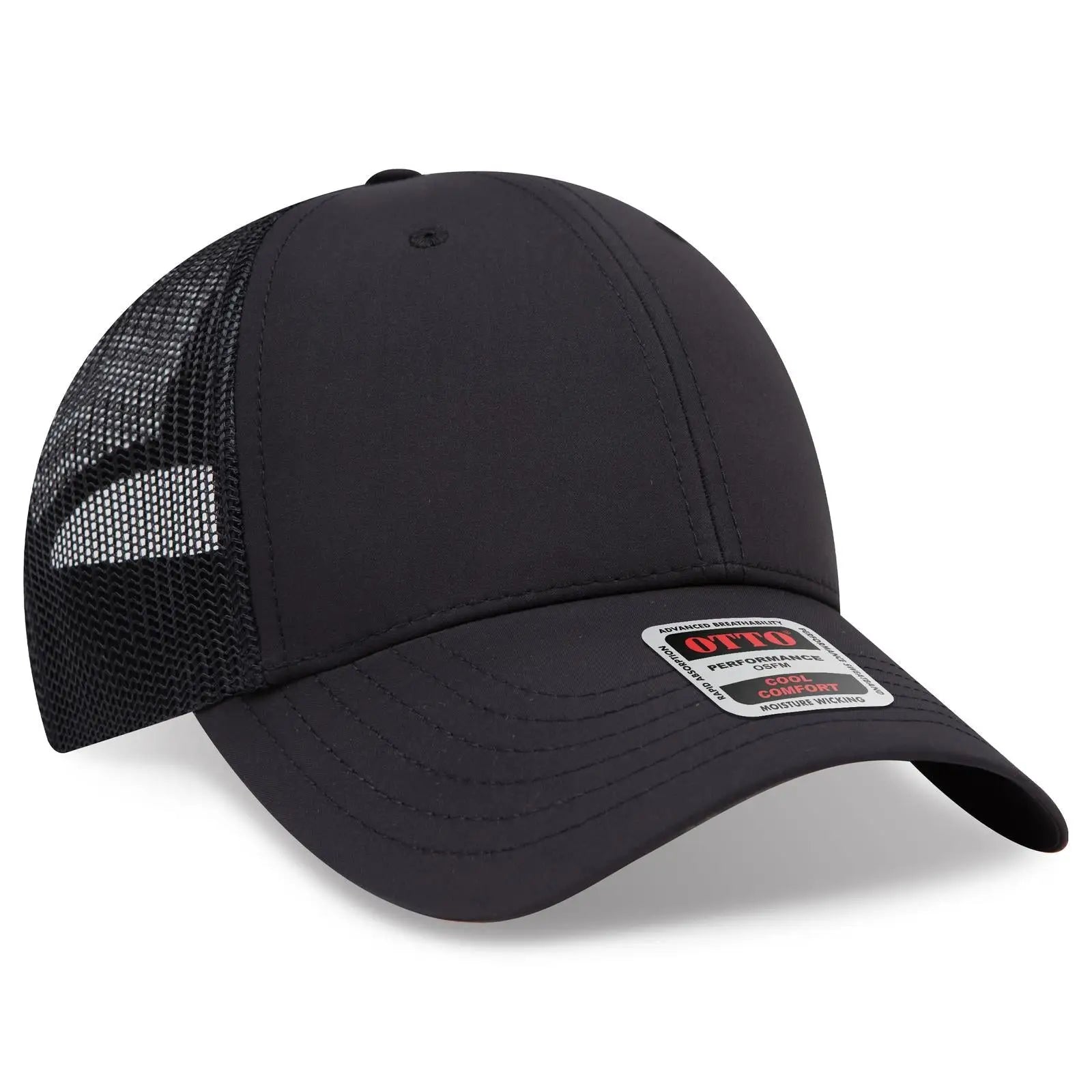 OTTO 83-3 6 Panel Low Profile Mesh Back Trucker Cap - Black - Black / 7 3/8’’ - 7 5/8’’