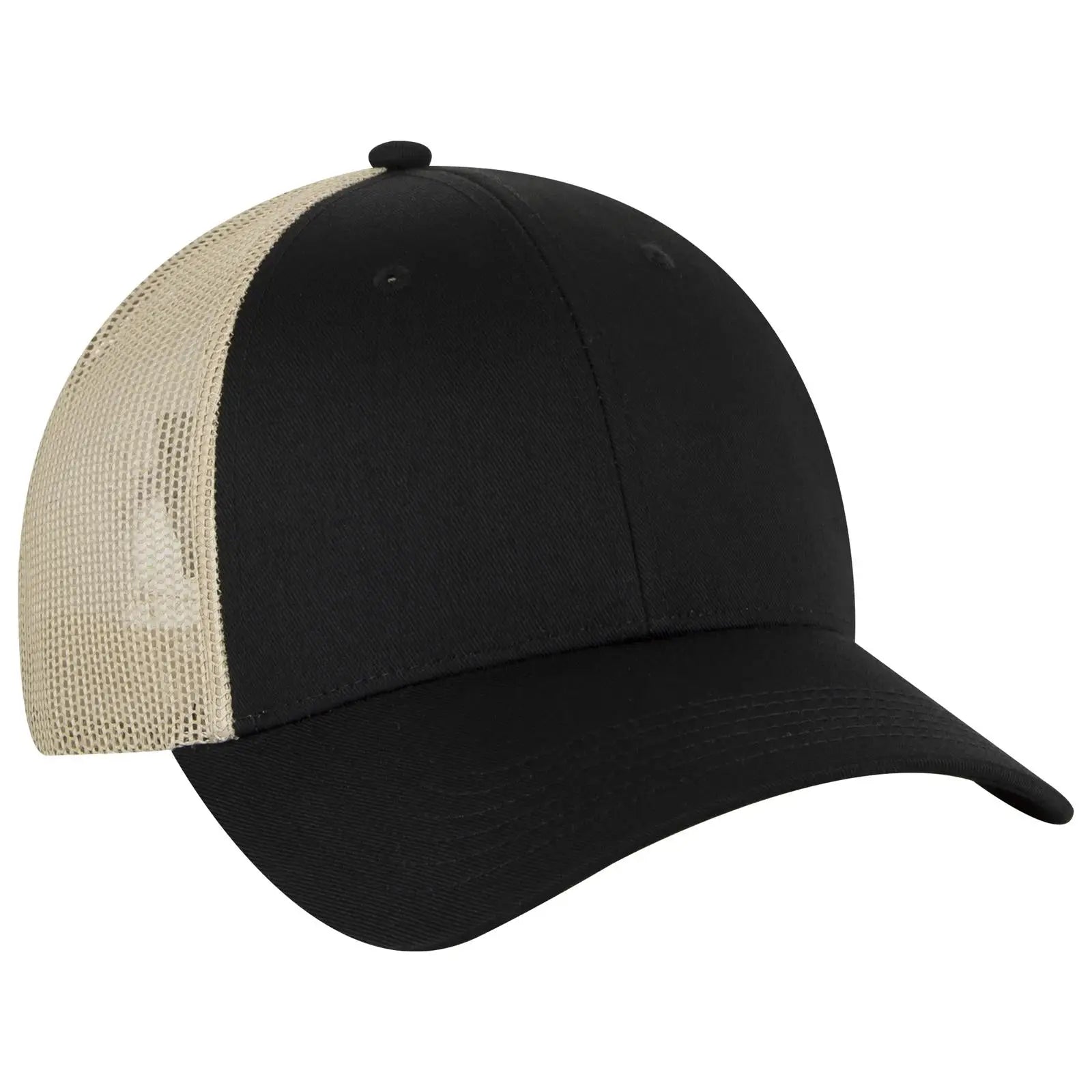 OTTO 83-473 6 Panel Low Profile Mesh Back Trucker Cap - Blk/Blk/Kha - Blk/Blk/Kha / 6 1/2’’ - 7 5/8’’