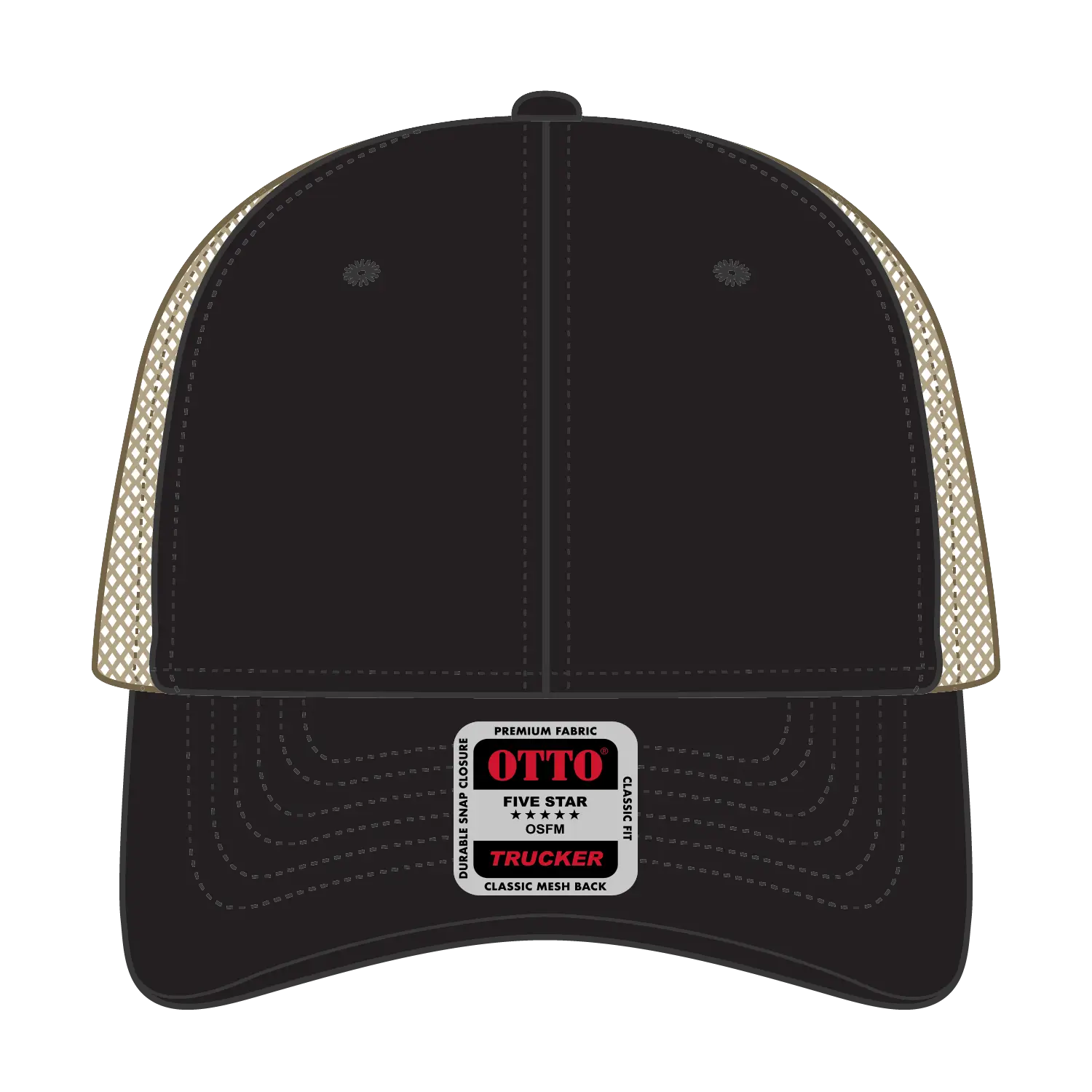 OTTO 83-473 6 Panel Low Profile Mesh Back Trucker Cap - Blk/Blk/Kha - Blk/Blk/Kha / 6 1/2’’ - 7 5/8’’