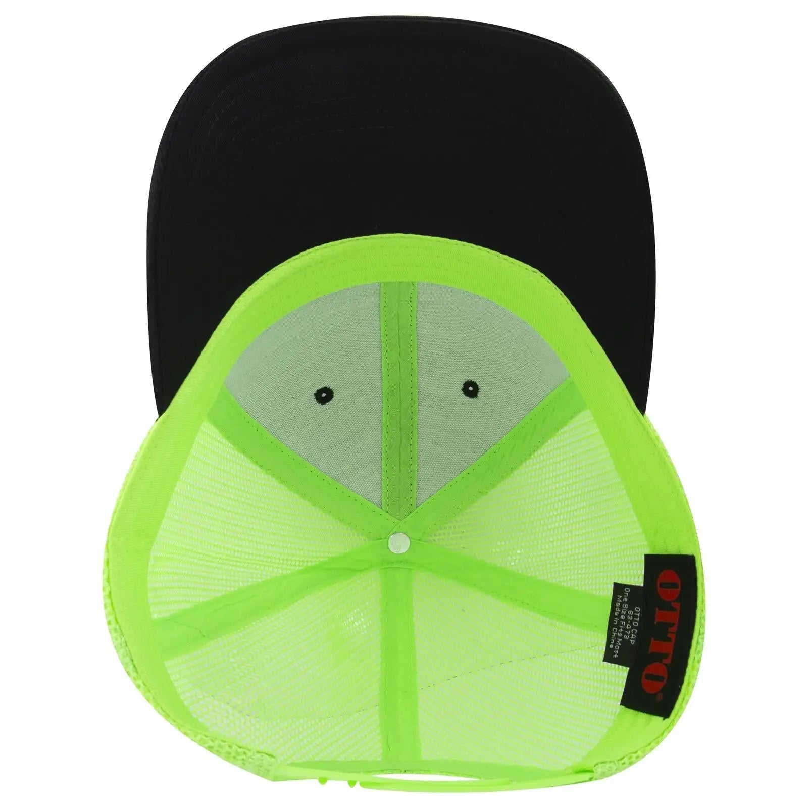 OTTO 83-473 6 Panel Low Profile Mesh Back Trucker Cap - Blk/Blk/N.Grn - Blk/Blk/N.Grn / 6 1/2’’ - 7 5/8’’