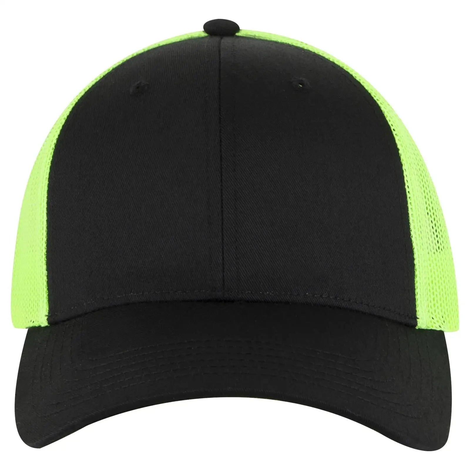 OTTO 83-473 6 Panel Low Profile Mesh Back Trucker Cap - Blk/Blk/N.Grn - Blk/Blk/N.Grn / 6 1/2’’ - 7 5/8’’