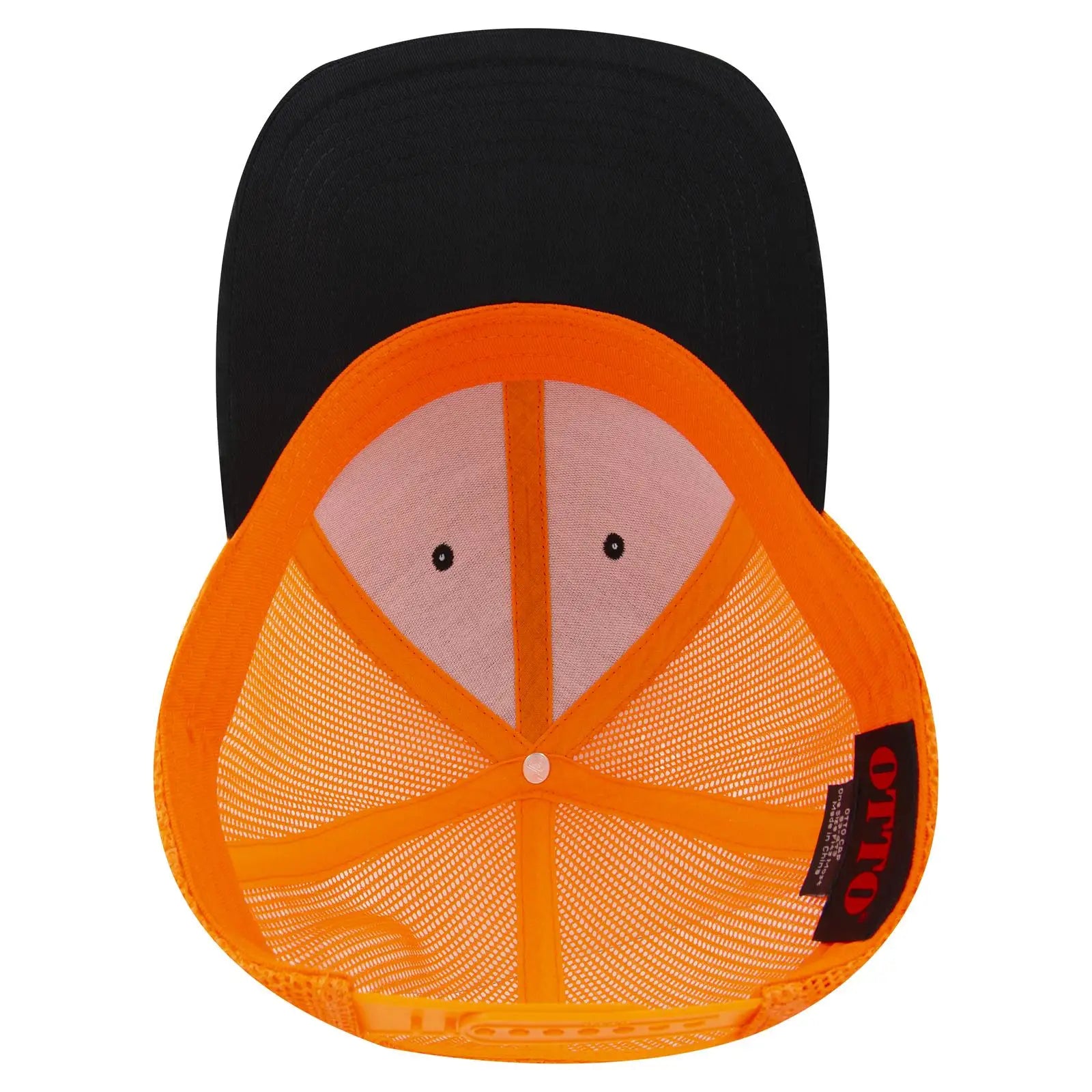 OTTO 83-473 6 Panel Low Profile Mesh Back Trucker Cap - Blk/Blk/N Org - Blk/Blk/N Org / 6 1/2’’ - 7 5/8’’