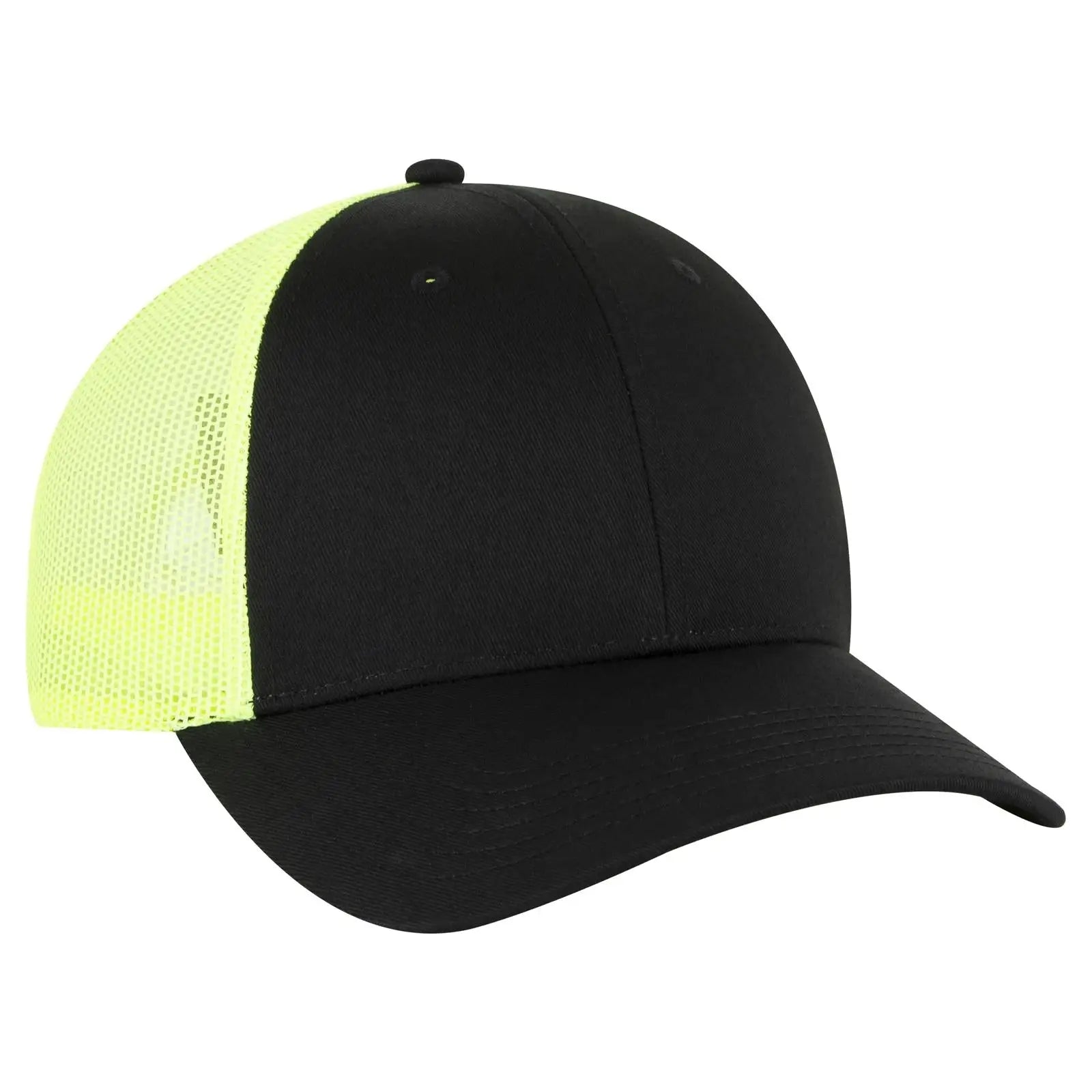 OTTO 83-473 6 Panel Low Profile Mesh Back Trucker Cap - Blk/Blk/N.Ylw - Blk/Blk/N.Ylw / 6 1/2’’ - 7 5/8’’
