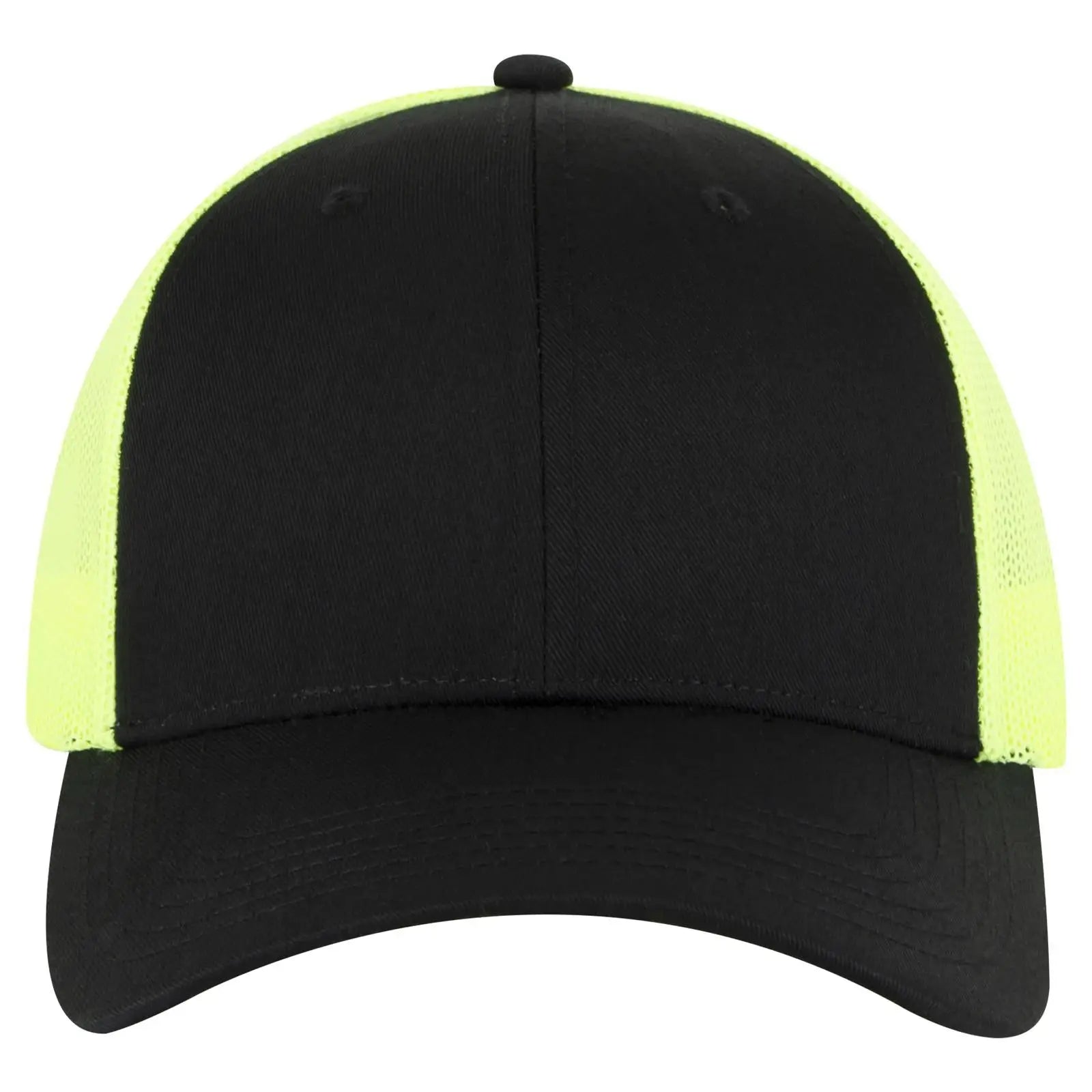 OTTO 83-473 6 Panel Low Profile Mesh Back Trucker Cap - Blk/Blk/N.Ylw - Blk/Blk/N.Ylw / 6 1/2’’ - 7 5/8’’