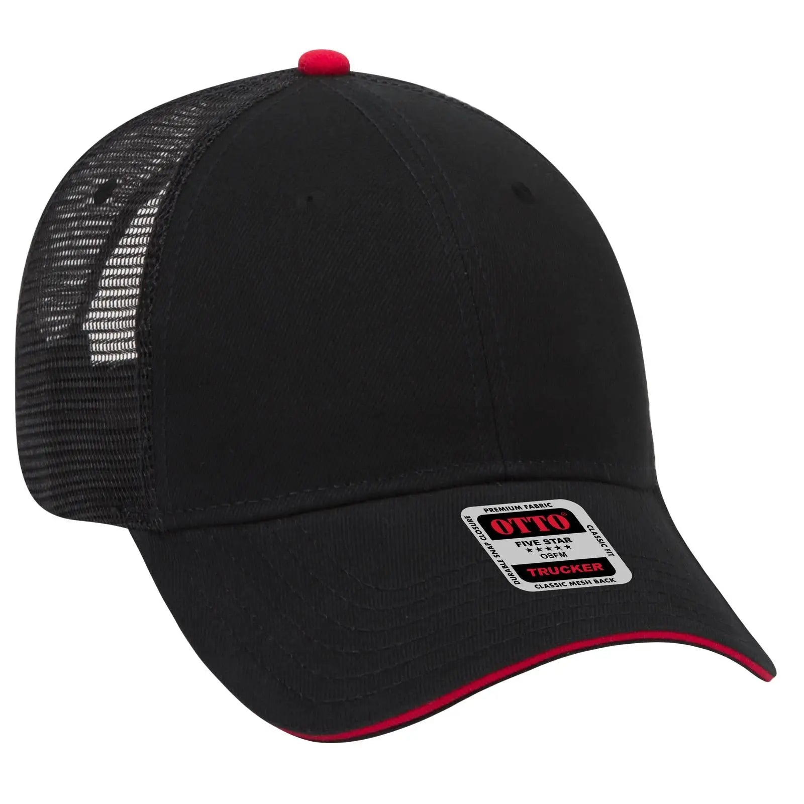 OTTO 84-482 6 Panel Low Profile Mesh Back Trucker Cap - Blk/Blk/Red - Blk/Blk/Red / 6 1/2’’ - 7 5/8’’