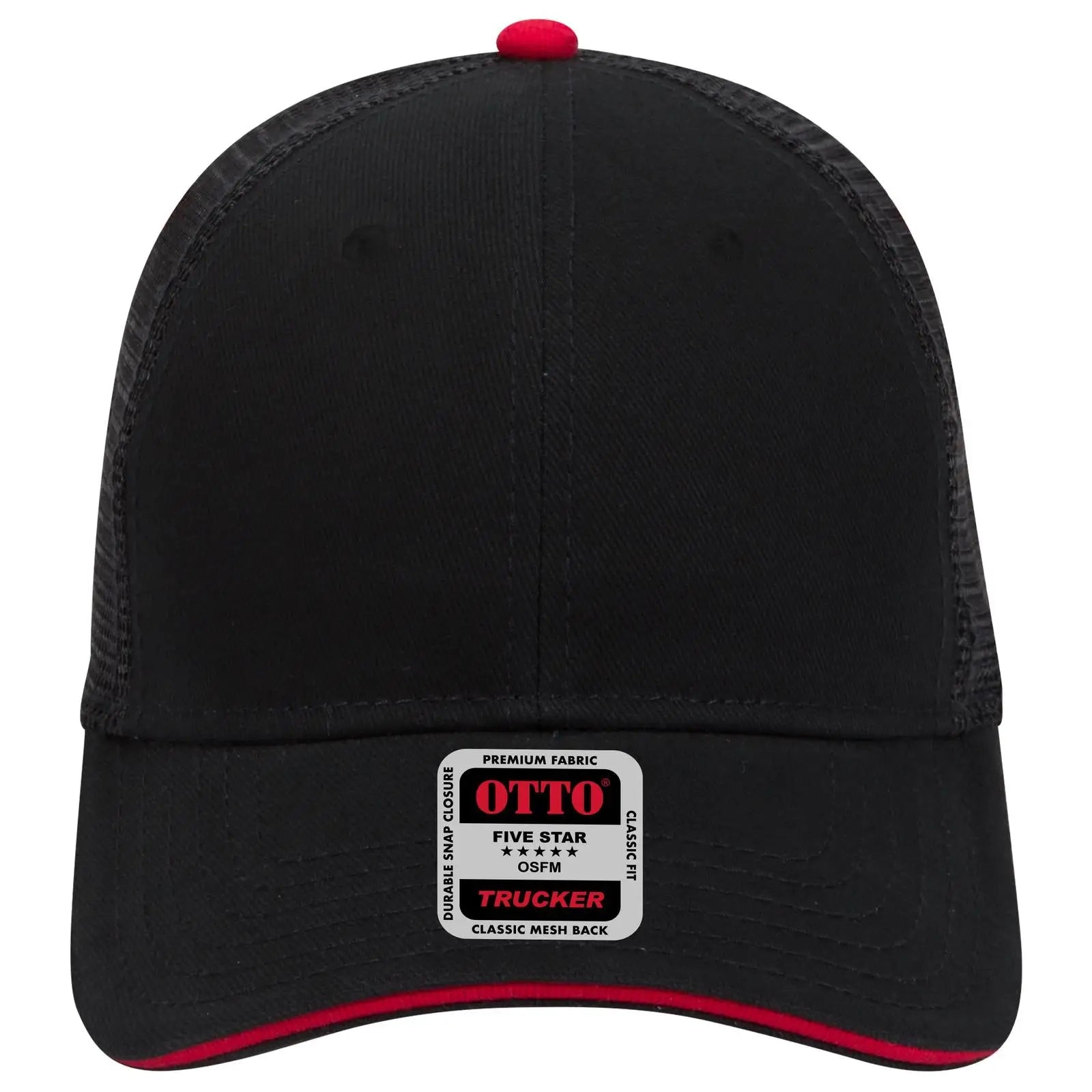 OTTO 84-482 6 Panel Low Profile Mesh Back Trucker Cap - Blk/Blk/Red - Blk/Blk/Red / 6 1/2’’ - 7 5/8’’