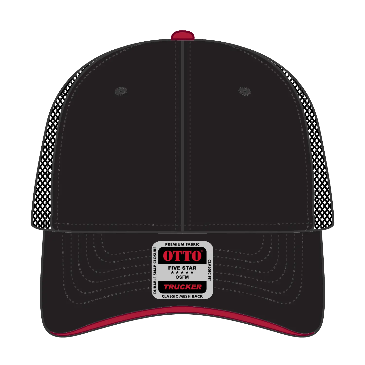 OTTO 84-482 6 Panel Low Profile Mesh Back Trucker Cap - Blk/Blk/Red - Blk/Blk/Red / 6 1/2’’ - 7 5/8’’
