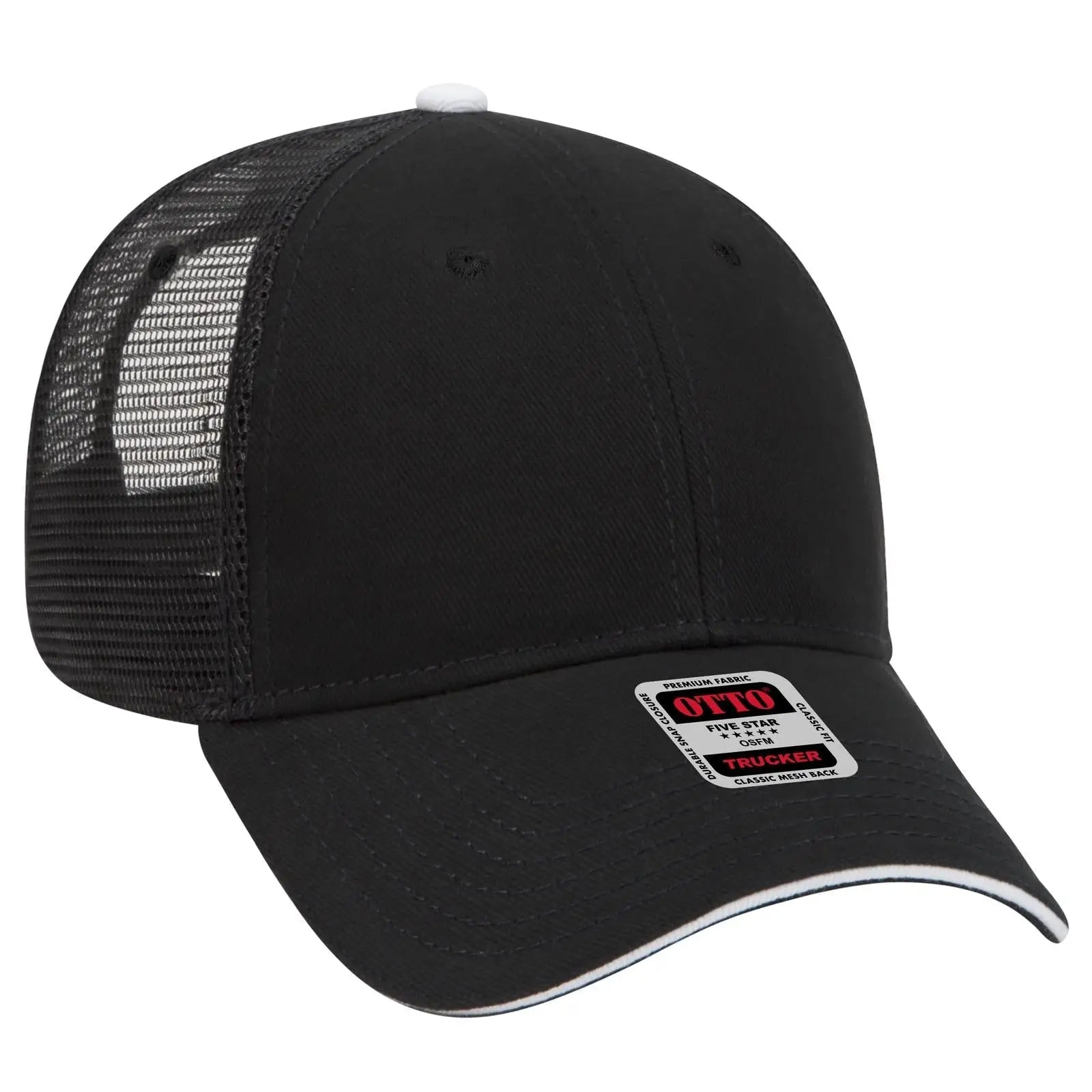 OTTO 84-482 6 Panel Low Profile Mesh Back Trucker Cap - Blk/Blk/Wht - Blk/Blk/Wht / 6 1/2’’ - 7 5/8’’