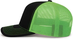 Pacific Headwear 104C Trucker Snapback Cap Black Neon Green Black Black Neon Green Black / XL