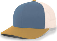 Pacific Headwear 104C Trucker Snapback Cap - Ocean Blue Amber Gold Beige - Navy Amber Ivory / 7’’ - 7 7/8’’