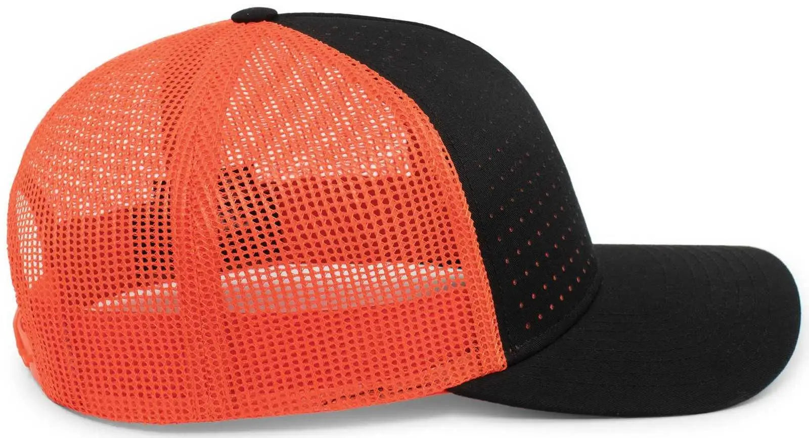 Pacific Headwear 105P Perforated 5 Panel Trucker Snapback Cap - Black Orange Black - Black Orange / 7’’ 7 7/8’’