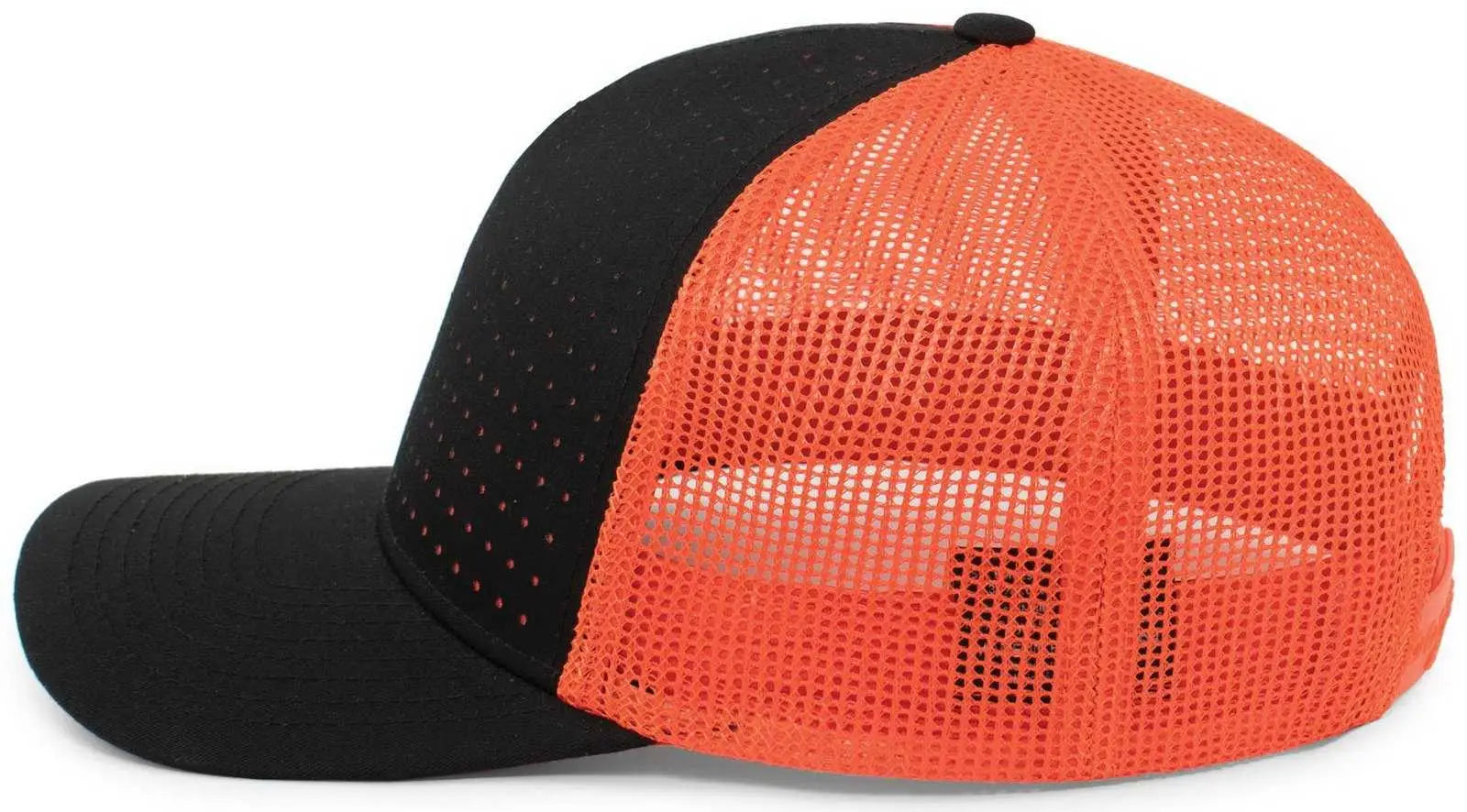 Pacific Headwear 105P Perforated 5 Panel Trucker Snapback Cap - Black Orange Black - Black Orange / 7’’ 7 7/8’’
