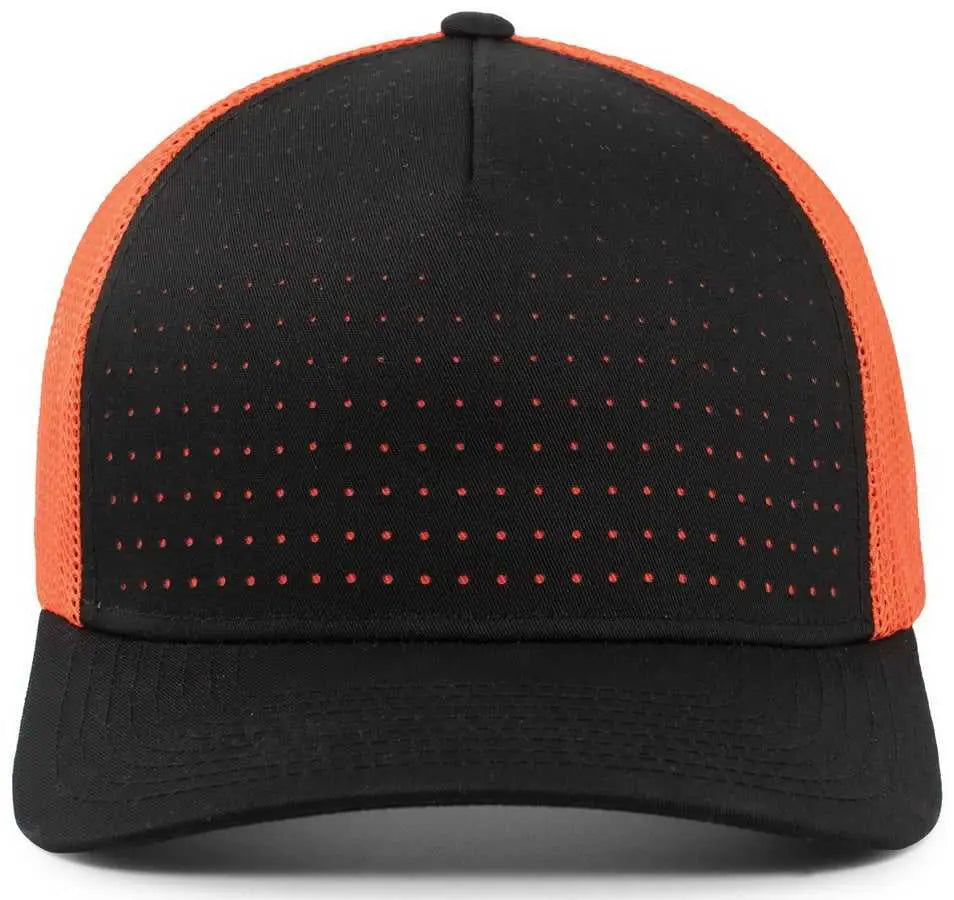 Pacific Headwear 105P Perforated 5 Panel Trucker Snapback Cap - Black Orange Black - Black Orange / 7’’ 7 7/8’’