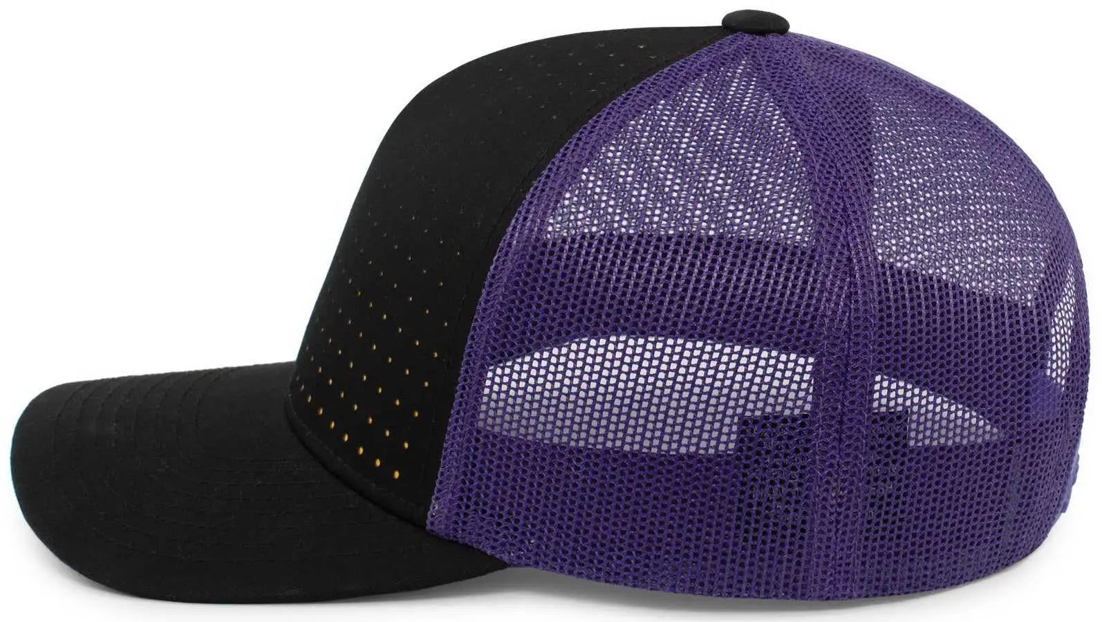 Pacific Headwear 105P Perforated 5 Panel Trucker Snapback Cap - Black Purple Gold - Black Gold / 7’’ 7 7/8’’
